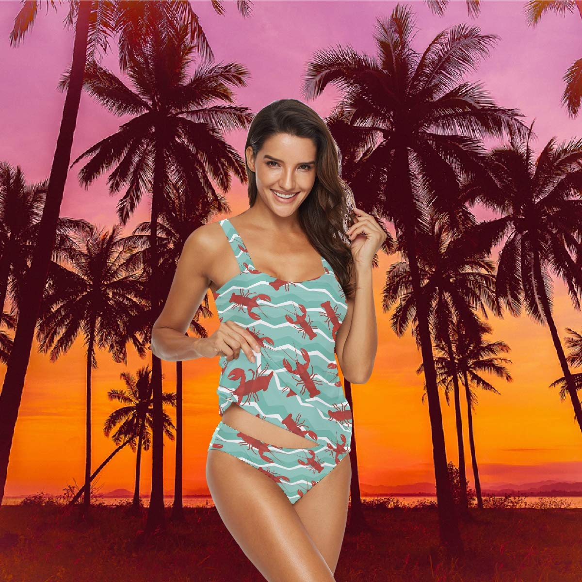 Women's 2 Piece Bikini Set - Lobster Print & Sea Wave Tankini Swimwear | Beach Vacation, Pool Party, Summer Swimwear