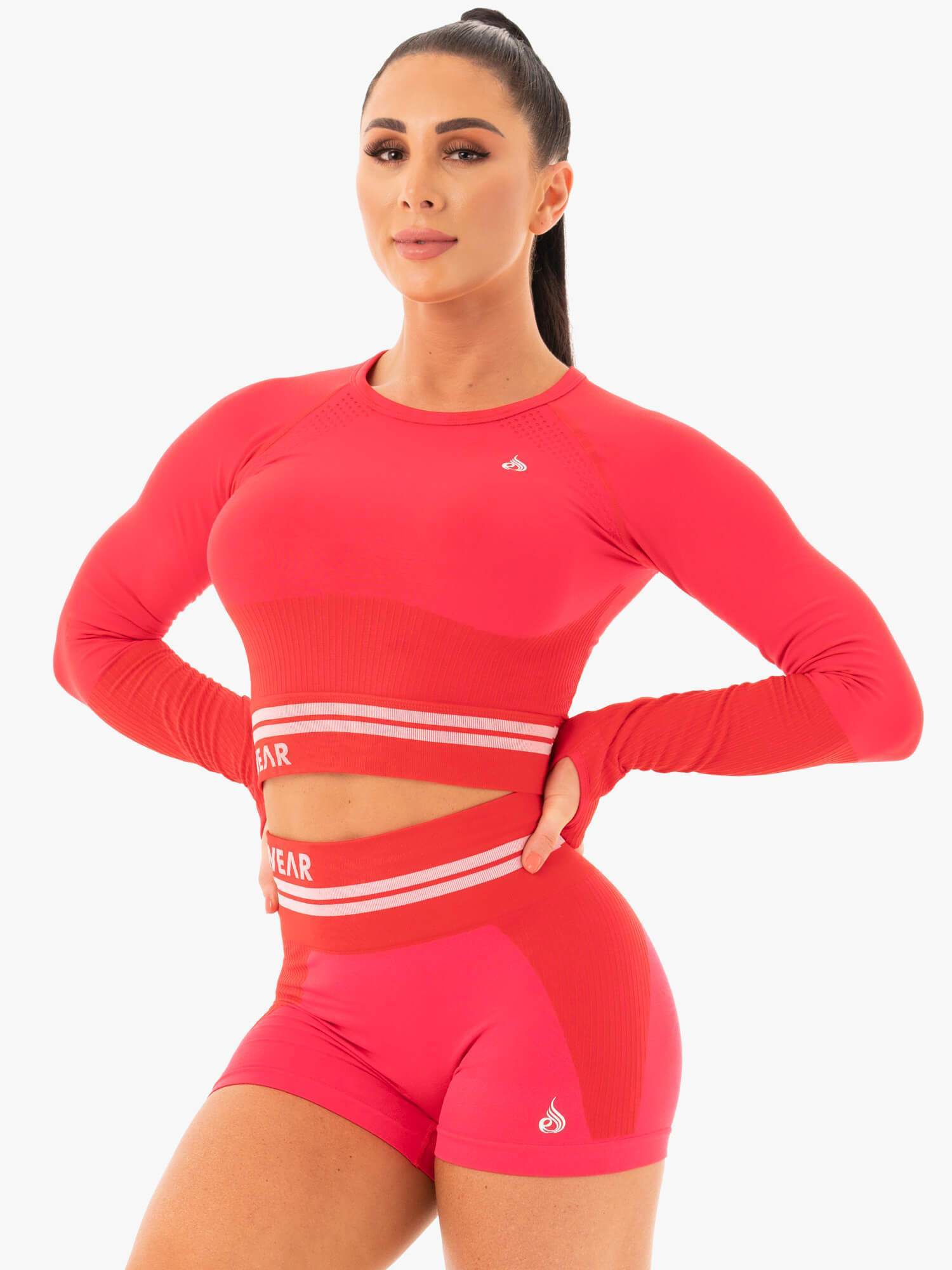 Freestyle Seamless Long Sleeve Crop Top - Red | Women's Workout & Yoga Shirt for Gym & Running | Comfortable Athletic Wear for Fitness & Daily Use