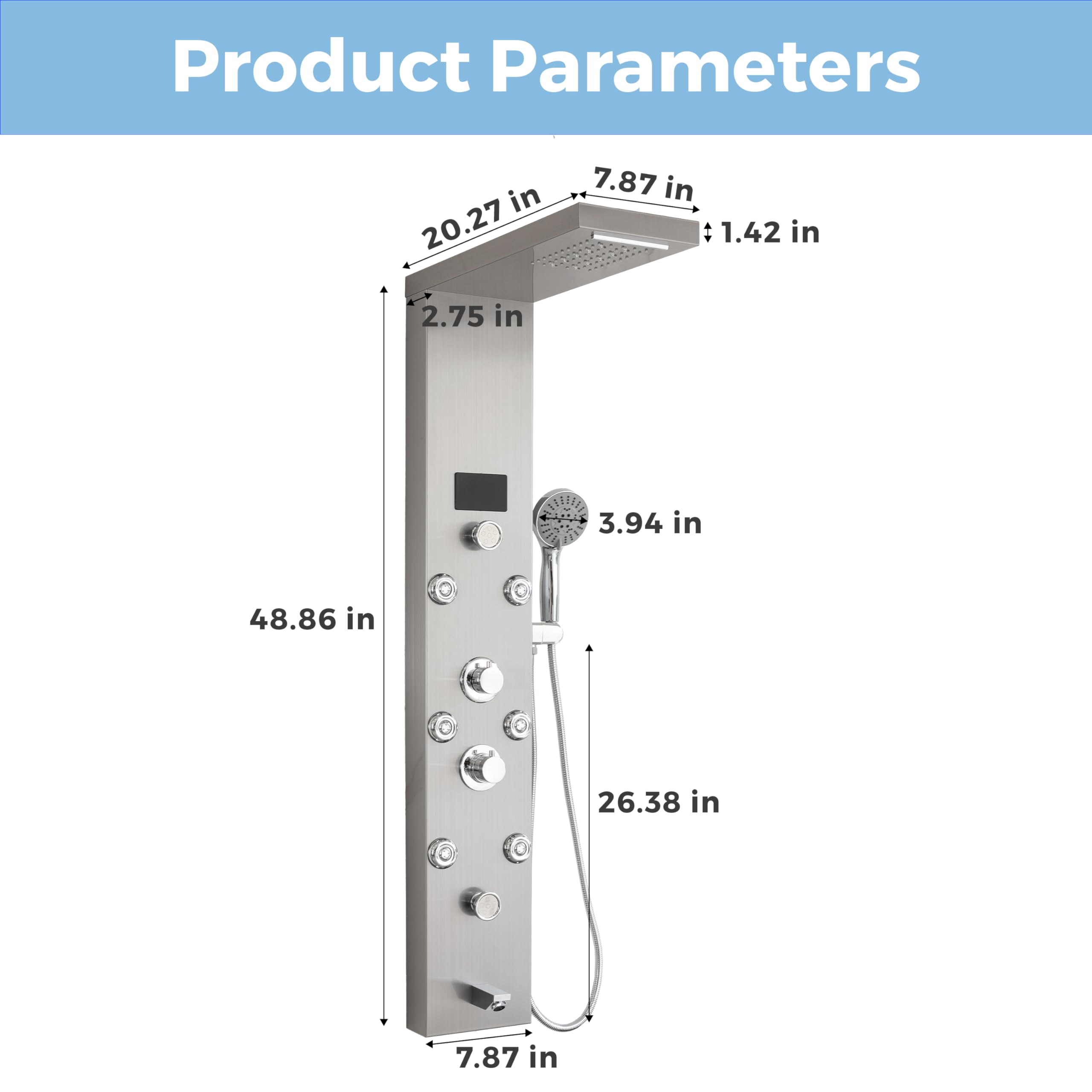 DELAVIN Stainless Steel LED Shower Panel Tower with Temperature Display - 5-Function Rainfall, Waterfall, Massage Jets, Tub Spout & Handheld Showerhead in Brushed Nickel | Perfect for Spa-Like Bathroom Upgrades & Luxury Shower Experiences