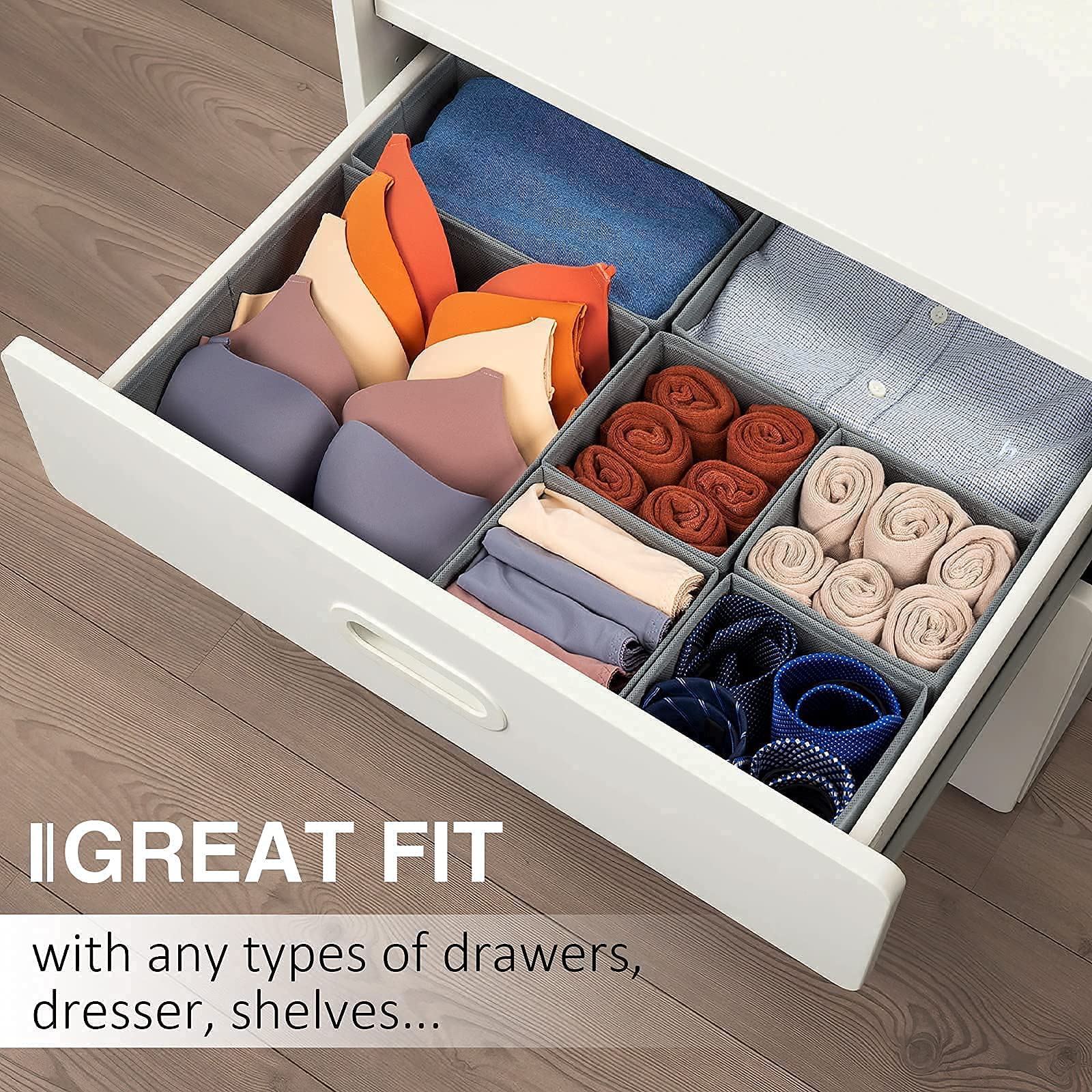 8-Pack 11-Inch Fabric Storage Cubes & 8-Pack Bra Sock Underwear Drawer Organizers - Closet Organization Solutions for Bedroom, Nursery, and Office Storage Needs