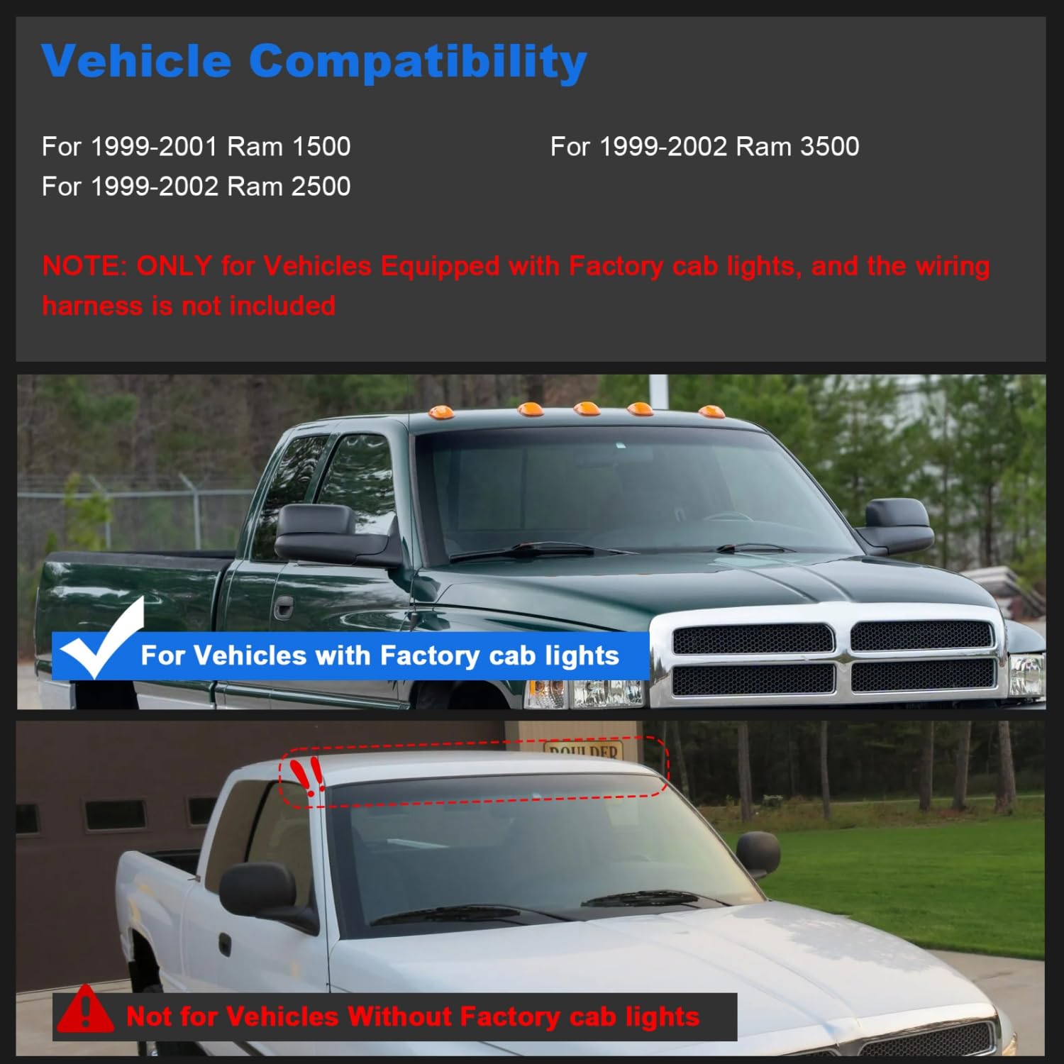 1999-2002 Ram 1500 2500 3500 LED Cab Roof Lights - Smoked Top Cab Clearance Marker Lights Replacement for Dodge Ram Trucks - Perfect for Night Driving & Off-Road Adventures