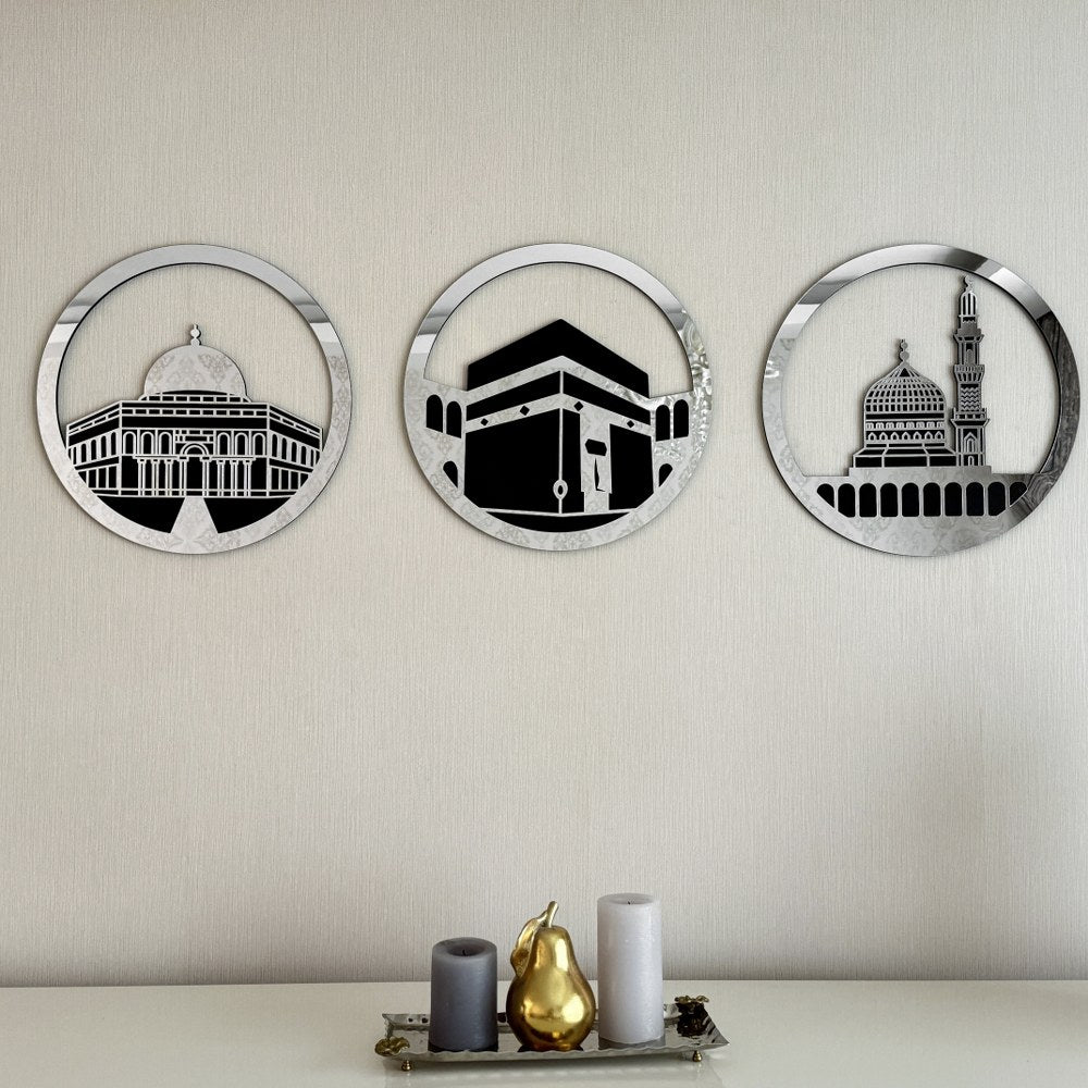 Masjid Al Aqsa Al Haram An Nabawi Islamic Wall Art - Circular Design Canvas for Muslim Home Decor & Mosque Interior