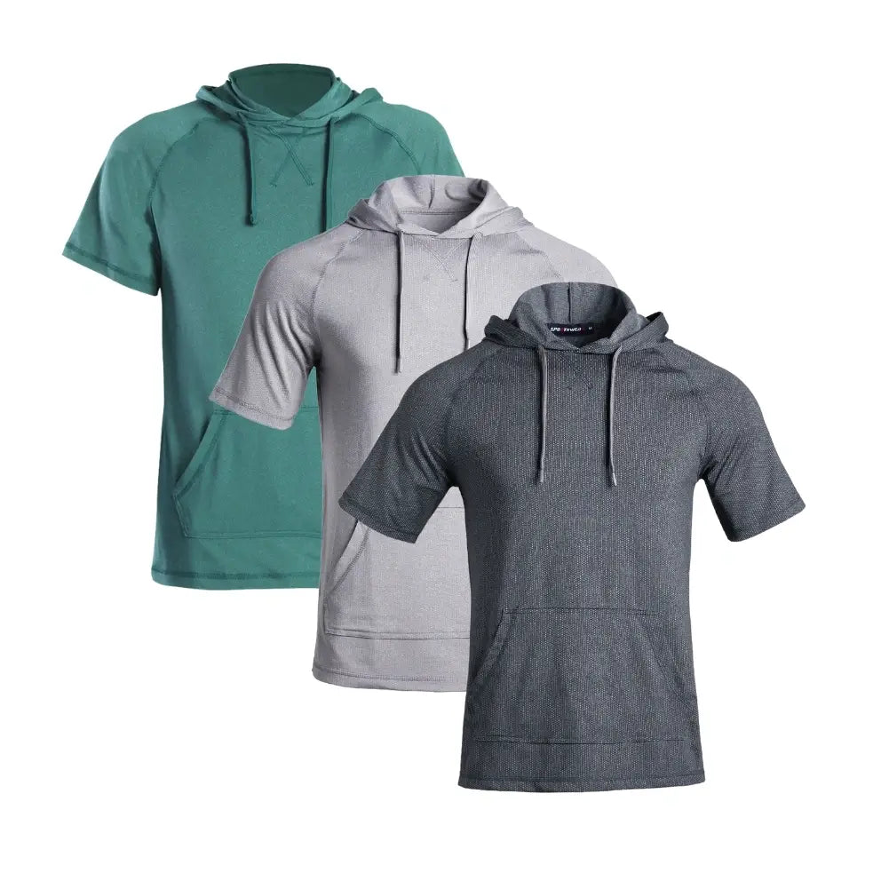 3 Pack Men's Performance Short Sleeve Hoodie - Moisture Wicking Athletic Shirts for Gym, Running & Outdoor Activities