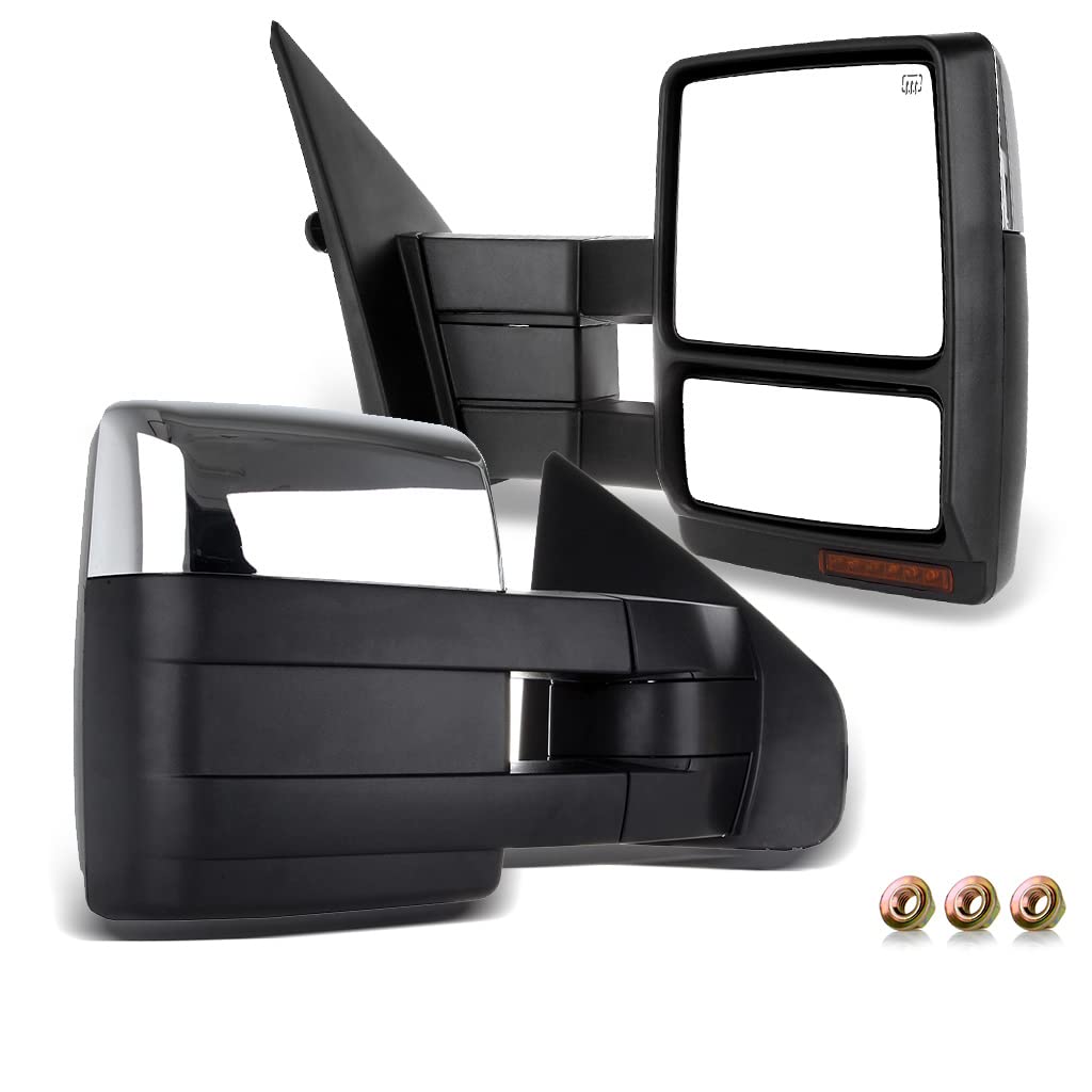 CCiyu Chrome Power-Adjusted Heated Towing Mirrors with Turn Signal & Puddle Light - LH Left & RH Right Compatible with 2004-2014 Ford F-150 Pickup - Easy Installation with Conversion Plug | Perfect for Towing, Night Driving & Enhanced Visibility