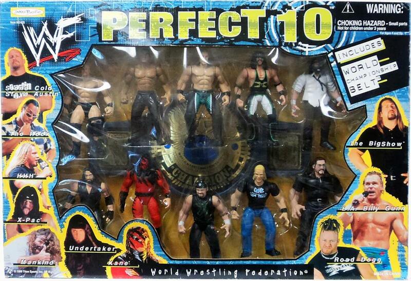 1999 WWF Jakks Pacific Perfect 10 Box Set Action Figures - Stone Cold Steve Austin, The Rock, HHH, X Pac, Mankind, Undertaker, Kane, Big Show, B.A. Billy Gunn & Road Dogg - Exclusive Collectible Wrestling Toys for Display & Play