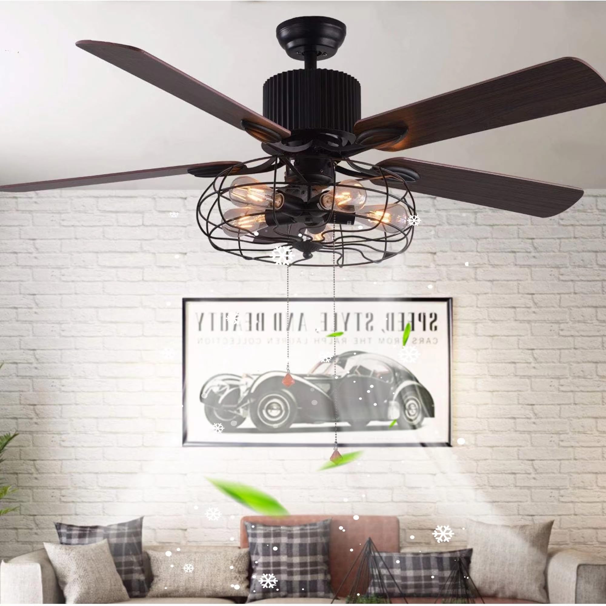 Bella Depot 42-Inch Industrial Ceiling Fan with Lights & Remote - Black Iron Cage Design, 5 Reversible Wood Blades - Perfect for Kitchen, Bedroom, Living Room, Office & Patio Cooling & Lighting