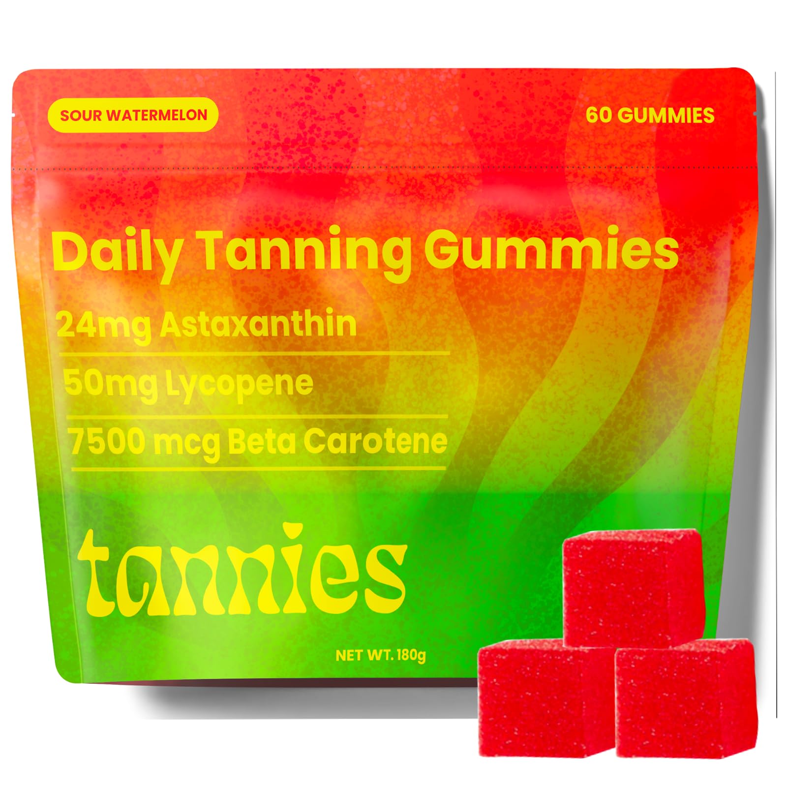 Tanies Tanning Gummies - Natural Self Tanner Supplement with Astaxanthin, Lycopene & Beta Carotene for Healthy Glowing Skin | Non-GMO, Sour Watermelon Flavor, 60 Gummies | Perfect for Beach Days, Vacations & Sunless Tanning Routine