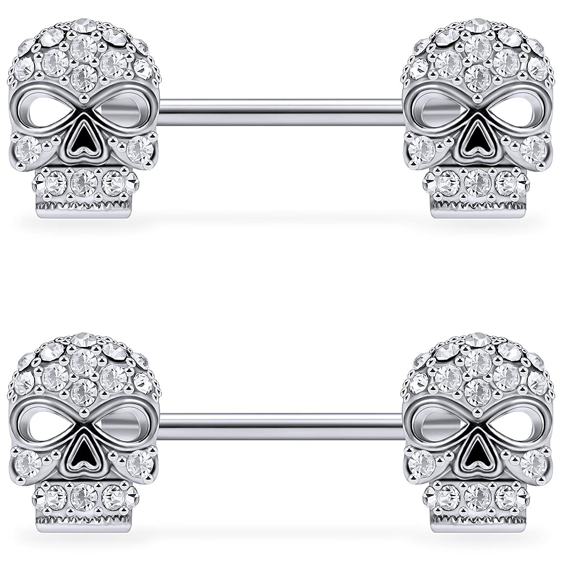 Lcolyoli 316L Stainless Steel Nipple Rings Barbell with Crystal Skull - Body Piercing Jewelry for Women & Men - Perfect for Nipple, Lip, Eyebrow Piercings and Alternative Fashion Styles