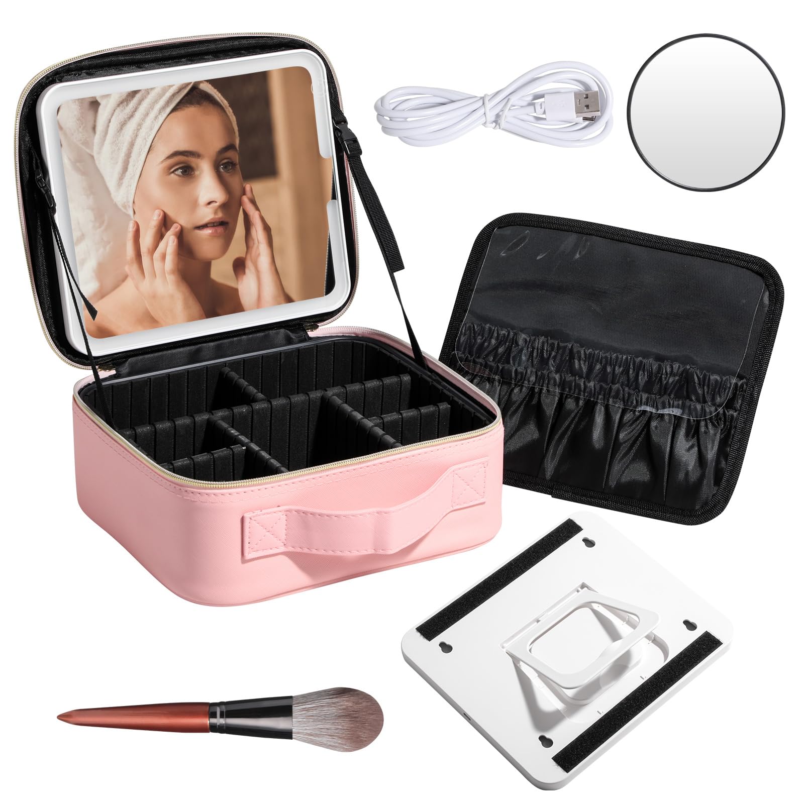BS-MALL Professional Makeup Brush Holder with LED Mirror - Portable Cosmetic Organizer Bag for Travel, Pink (Ideal for Makeup Artists & On-the-Go Touch Ups)