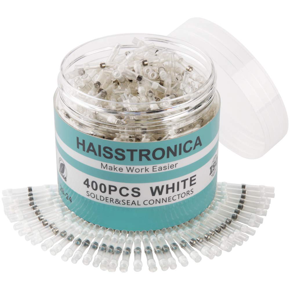 Haisstronica 400PCS White Solder Seal Wire Connectors - Waterproof Heat Shrink Butt Connectors for Marine, Electrical & Electronics (26-24 AWG) - Ideal for Boat Wiring, Automotive Repairs & DIY Electronics Projects