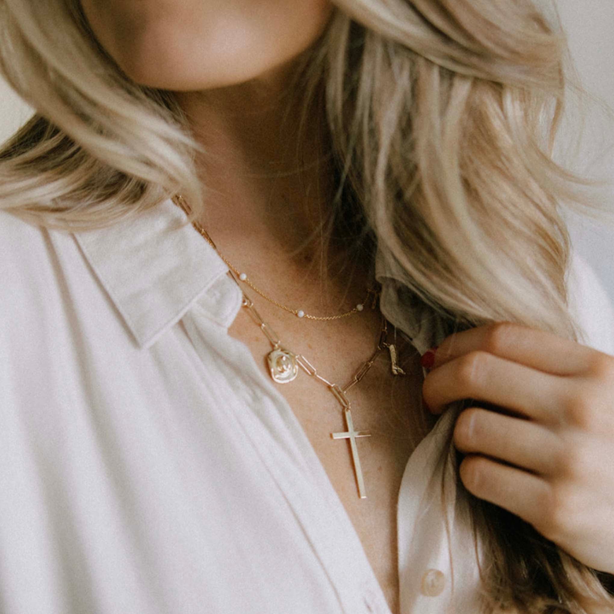 Laura Cross Charm Necklace for Women - Elegant Religious Jewelry Gift for Christmas, Baptism & Everyday Wear - Sterling Silver Pendant with 18