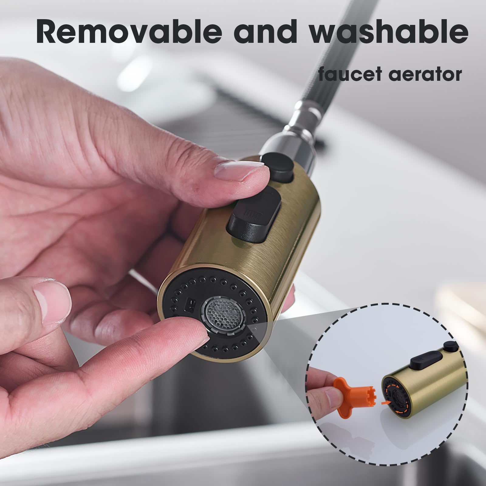 **CLOVERMAP Pull Down Kitchen Faucet Sprayer Head Replacement - 3 Function Spray Nozzle with 9 Adapters, Brushed Gold - Perfect for Sink Cleaning, Dishwashing & Food Prep**