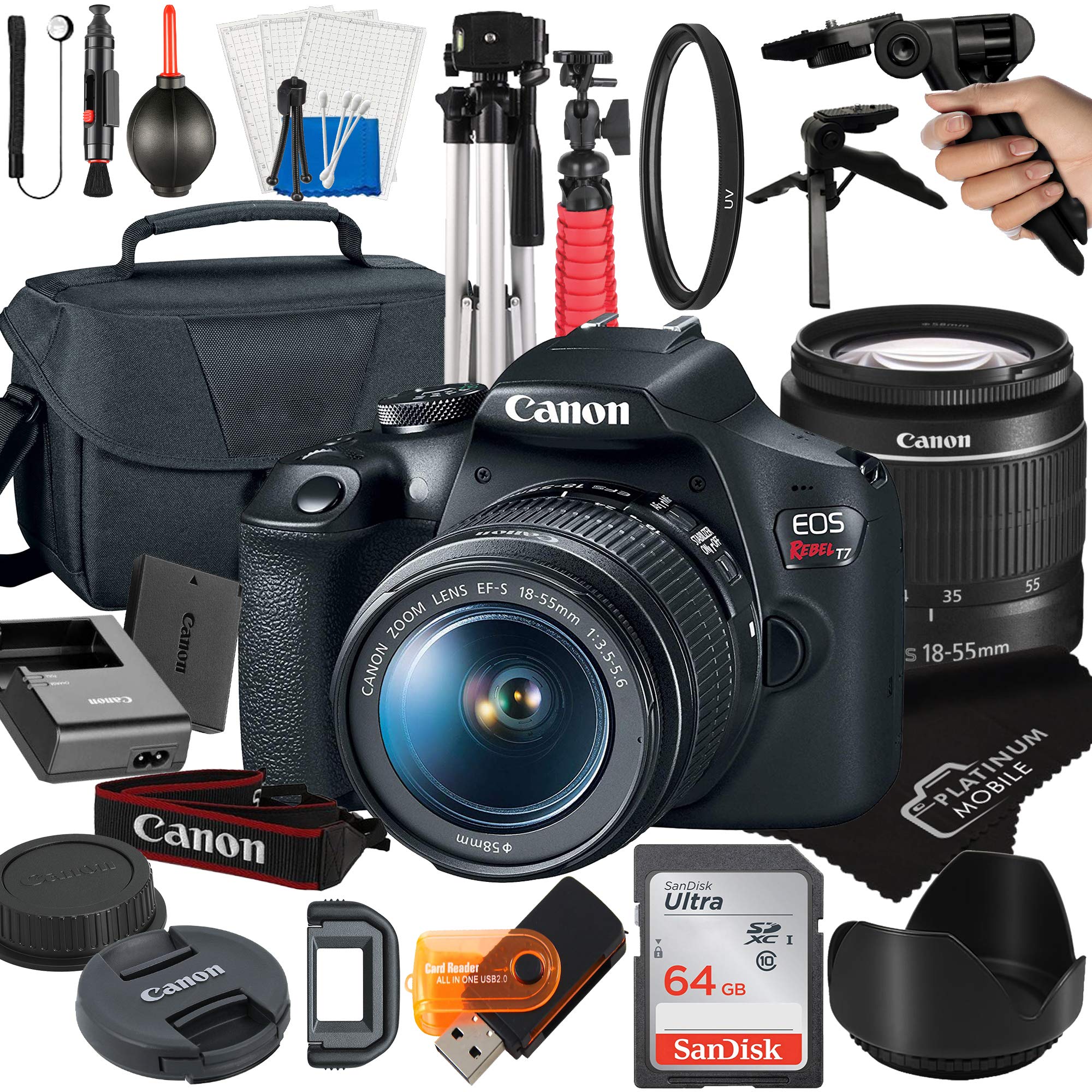 Canon EOS Rebel T7 DSLR Camera Bundle with 18-55mm Lens | 64GB SD Card, Tripod, Case & 21-Piece Accessories Kit (Renewed) - Perfect for Travel Photography, Vlogging & Beginner Photographers