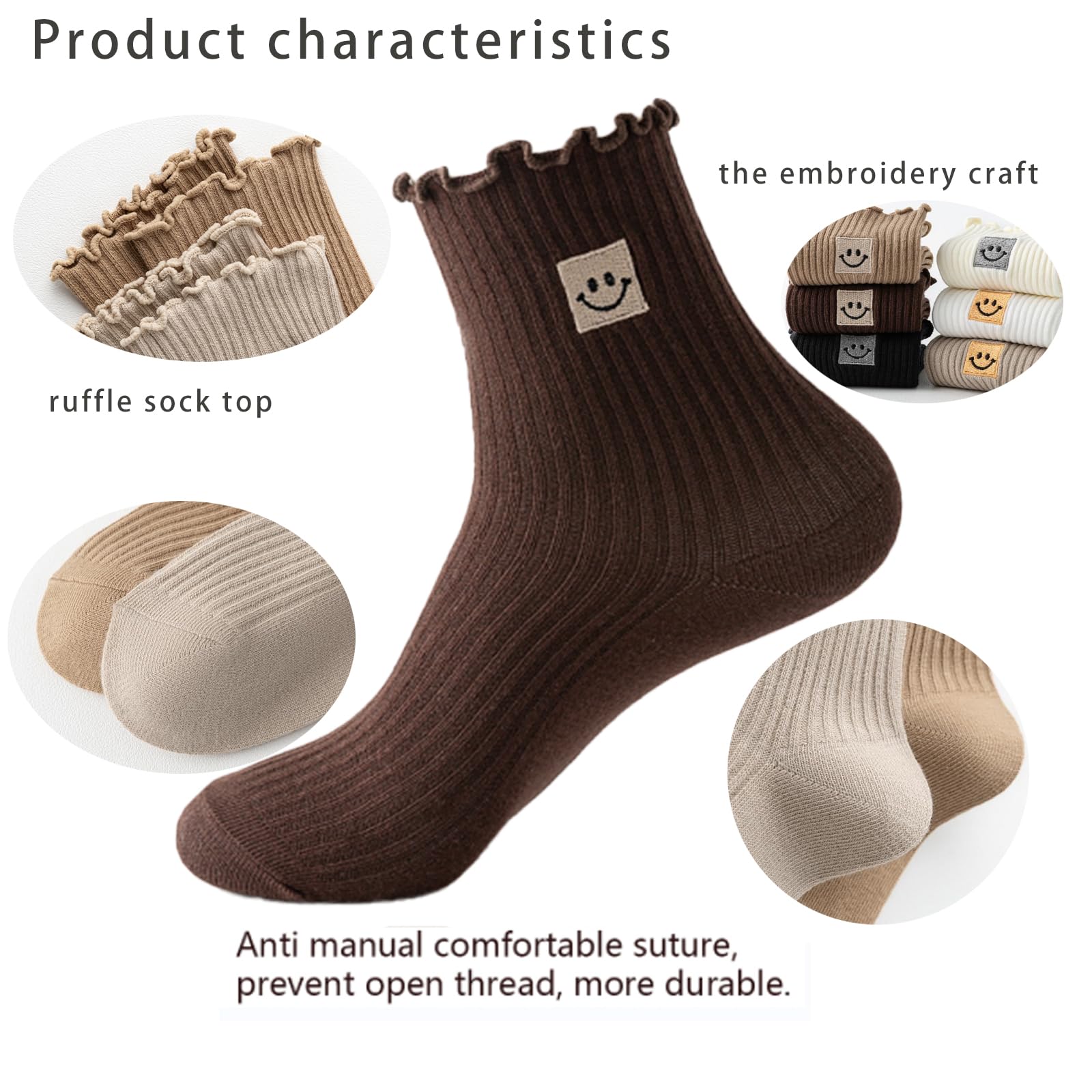 Funny Women's Ruffle Ankle Socks 6-Pack with Smiling Face Embroidery - Perfect Gift for Her