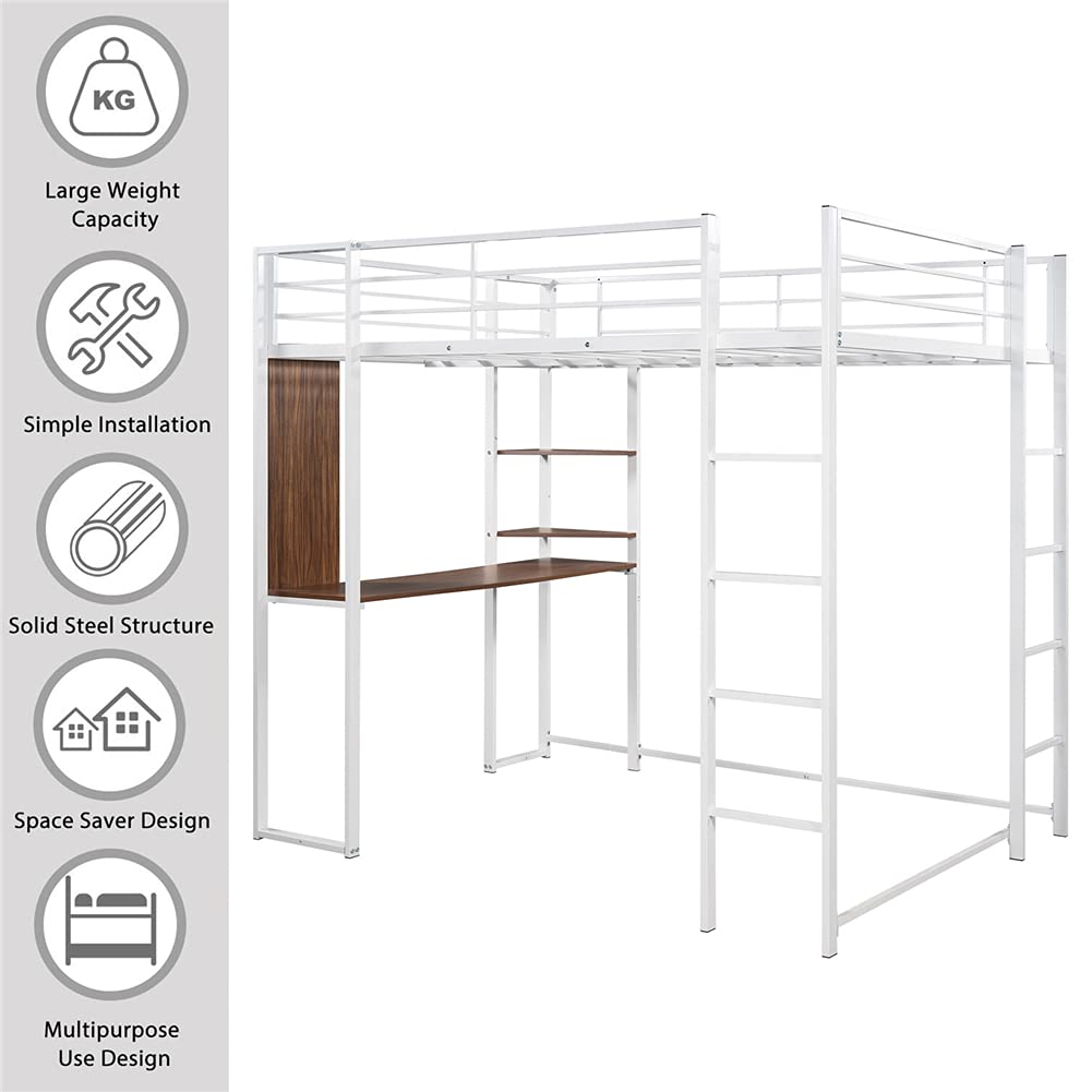 Full Size Metal Loft Bed Frame with Built-in Desk, Shelves & Ladder - Space Saving Bedroom Furniture with Guardrails for Safety - Perfect for Small Rooms, Dorms & Guest Rooms (White)