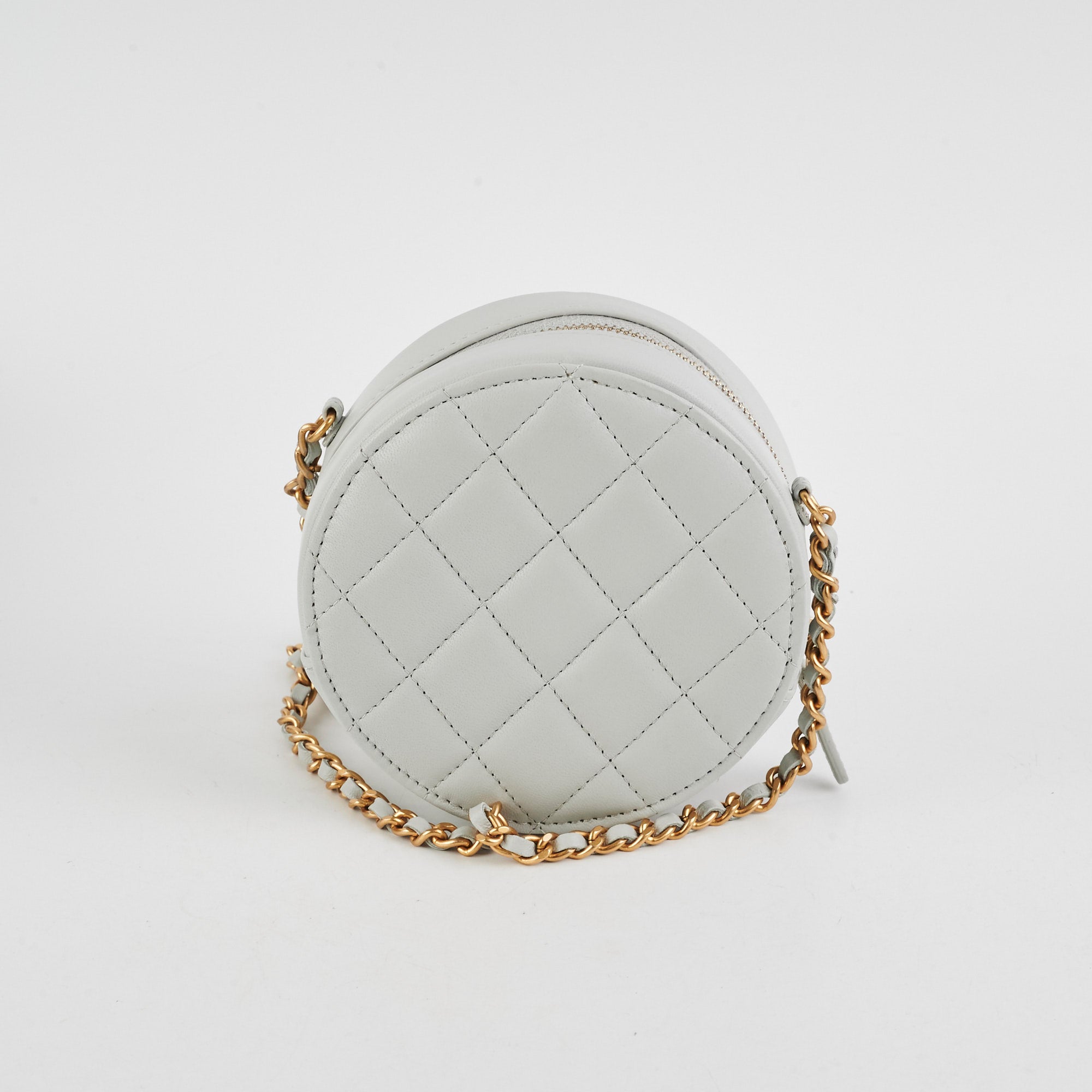 Chanel Round Pearl Crush Clutch With Chain - Grey Lambskin Leather Crossbody Bag for Women | Elegant Evening Party & Wedding Accessory