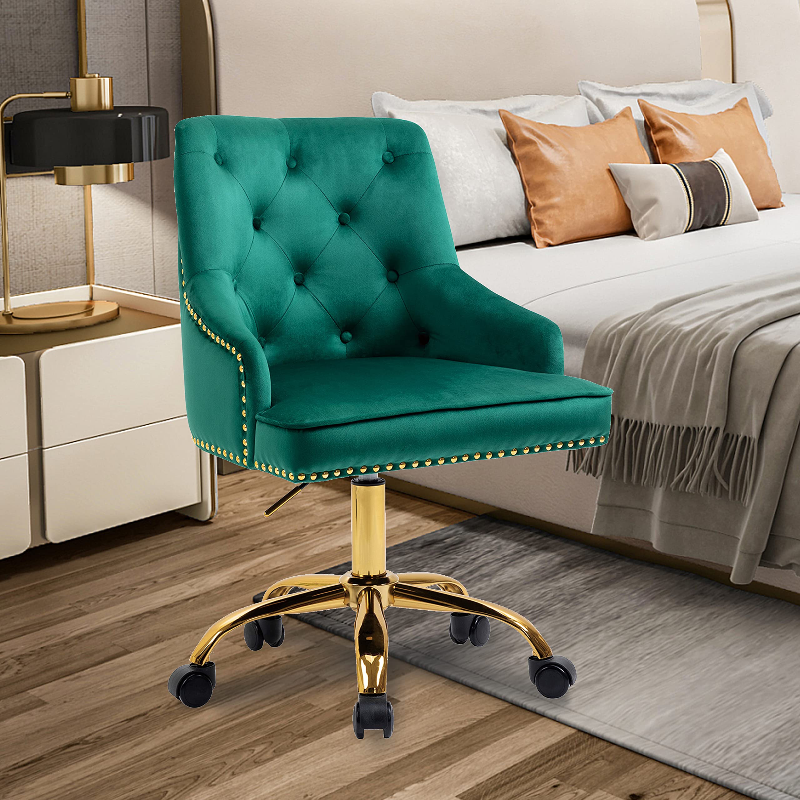 MTFY Modern Velvet Desk Chair - Ergonomic Home Office Computer Chair for Women & Girls, 360° Swivel Upholstered Vanity Chair with Golden Legs for Living Room, Bedroom, Study & Workspace