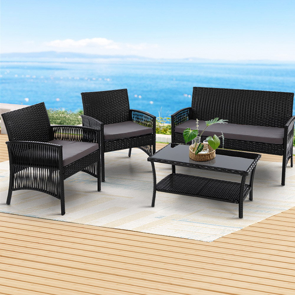 4-Piece Outdoor Wicker Sofa Set with Harp Chairs and Table - Black Patio Garden Furniture for Backyard, Poolside, and Terrace Relaxation