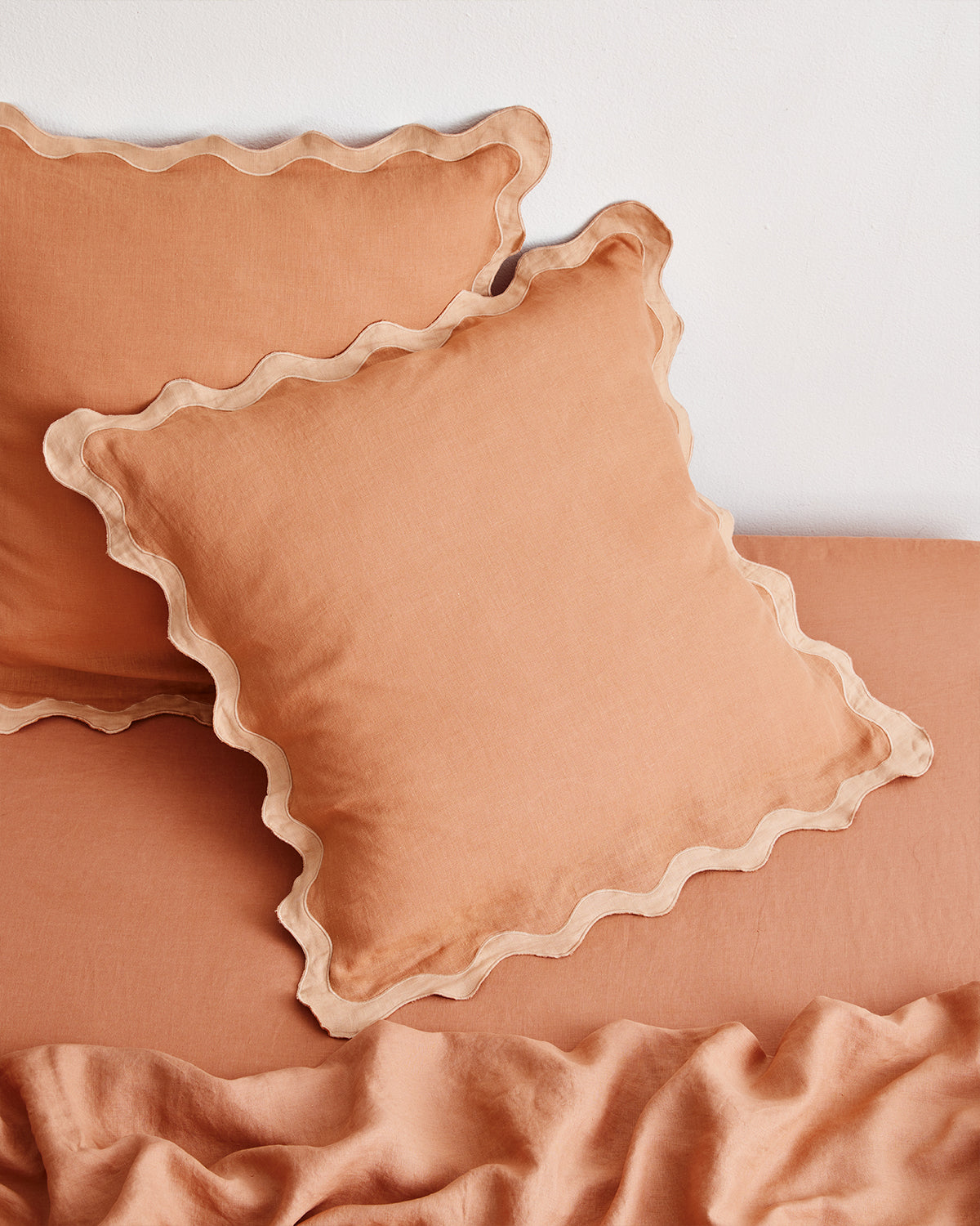 Premium 100% French Flax Linen Pillowcase Set (2-Pack) - Hazelnut & Terracotta - Scalloped Edge European Design for Bedroom Decor & Luxury Home Textiles