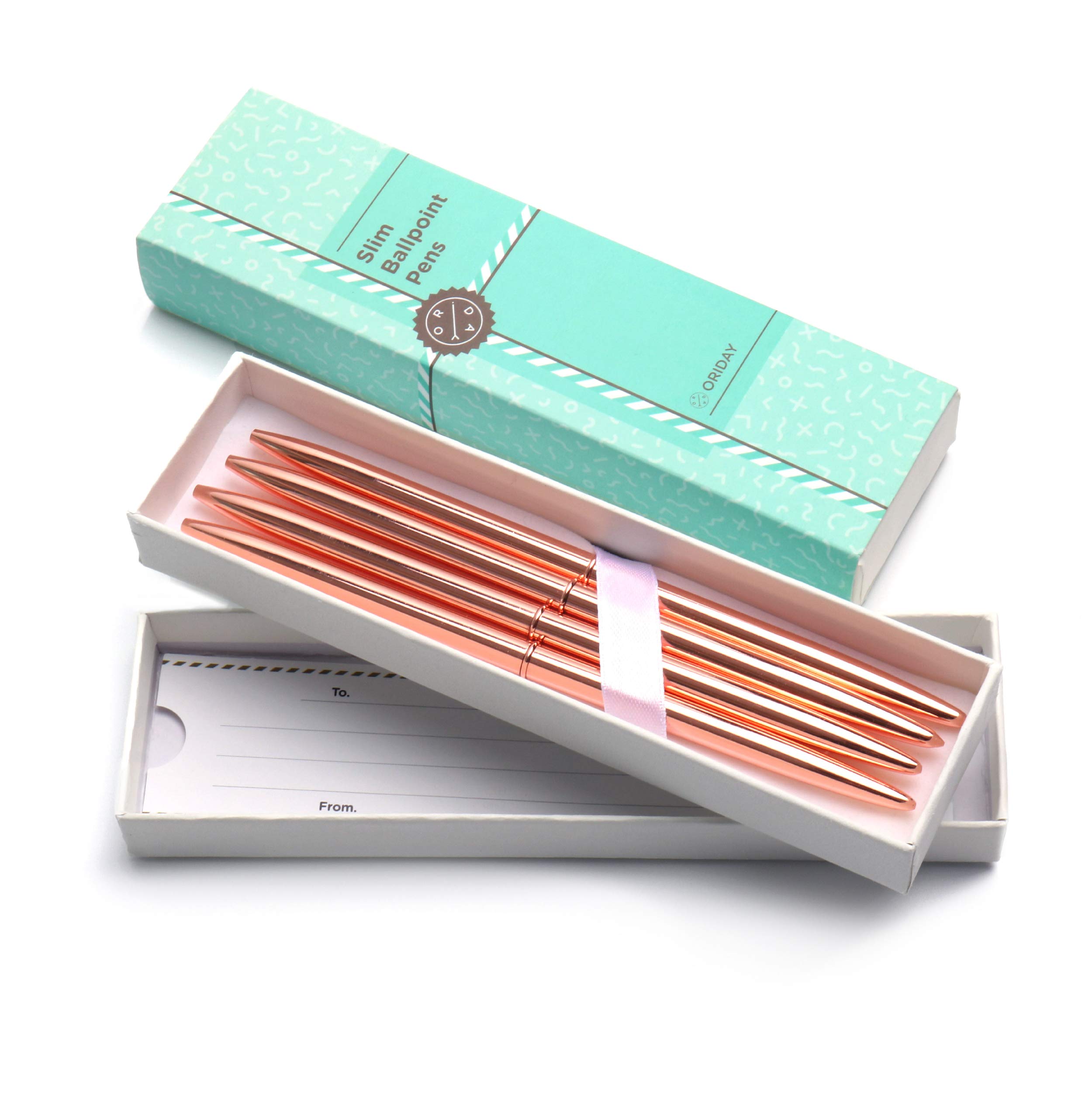 Oriday Chrome Ballpoint Slim Pens Set of 4 - Premium Lightweight Metal Ballpoint Pens with Black Ink in Elegant Gift Box | Perfect for Weddings, Bridal Showers, Graduation Gifts & Office Use (Rose Gold, Black Ink)