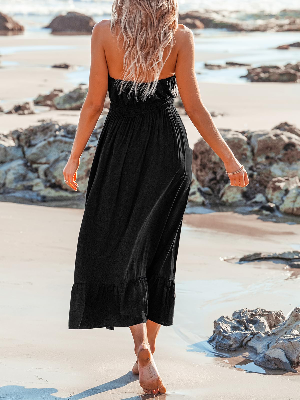 CUPSHE Women's Ruffle Beach Cover Up Dress - Strapless Smocked Waist Maxi Summer Dress with Side Slit | Perfect for Poolside, Vacation & Beach Outfits