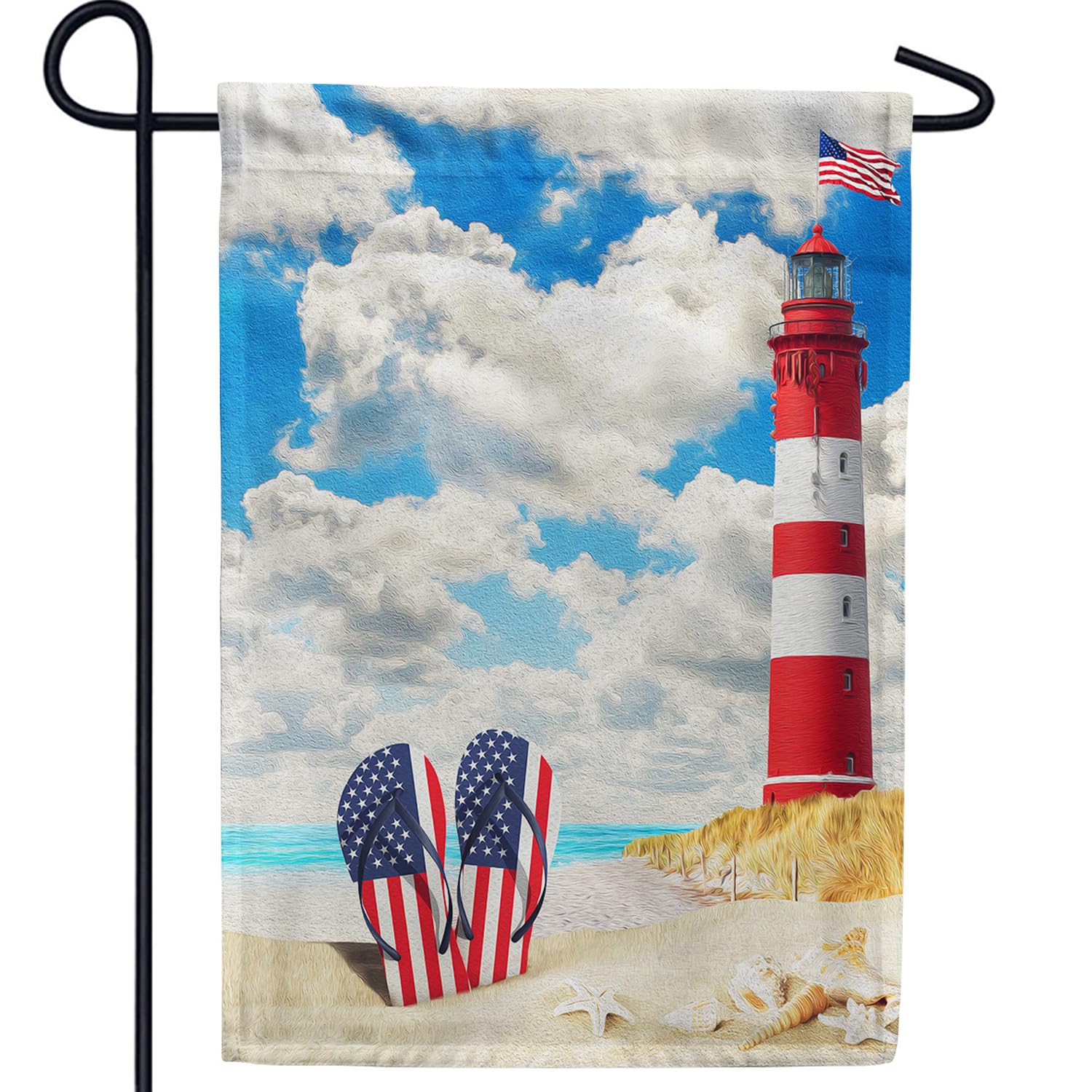 American Patriotic Flip Flops Summer Garden Flag – USA Beach Lighthouse Nautical Decor – Double-Sided Outdoor Yard Flag 12.5 x 18 Inches – Perfect for 4th of July, Memorial Day & Backyard BBQs