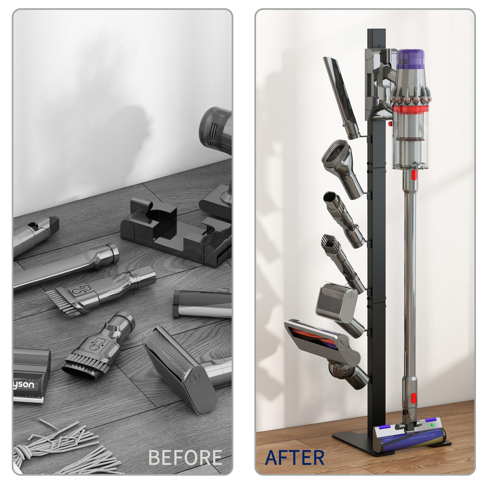 MOOPHY Metal Vacuum Stand for Dyson V15 V12 V11 V10 V8 V7 V6 - Stable Storage Holder & Dock Station for Dyson Cordless Handheld Vacuum Cleaner with 6 Hooks - Perfect for Home, Office, and Garage Organization