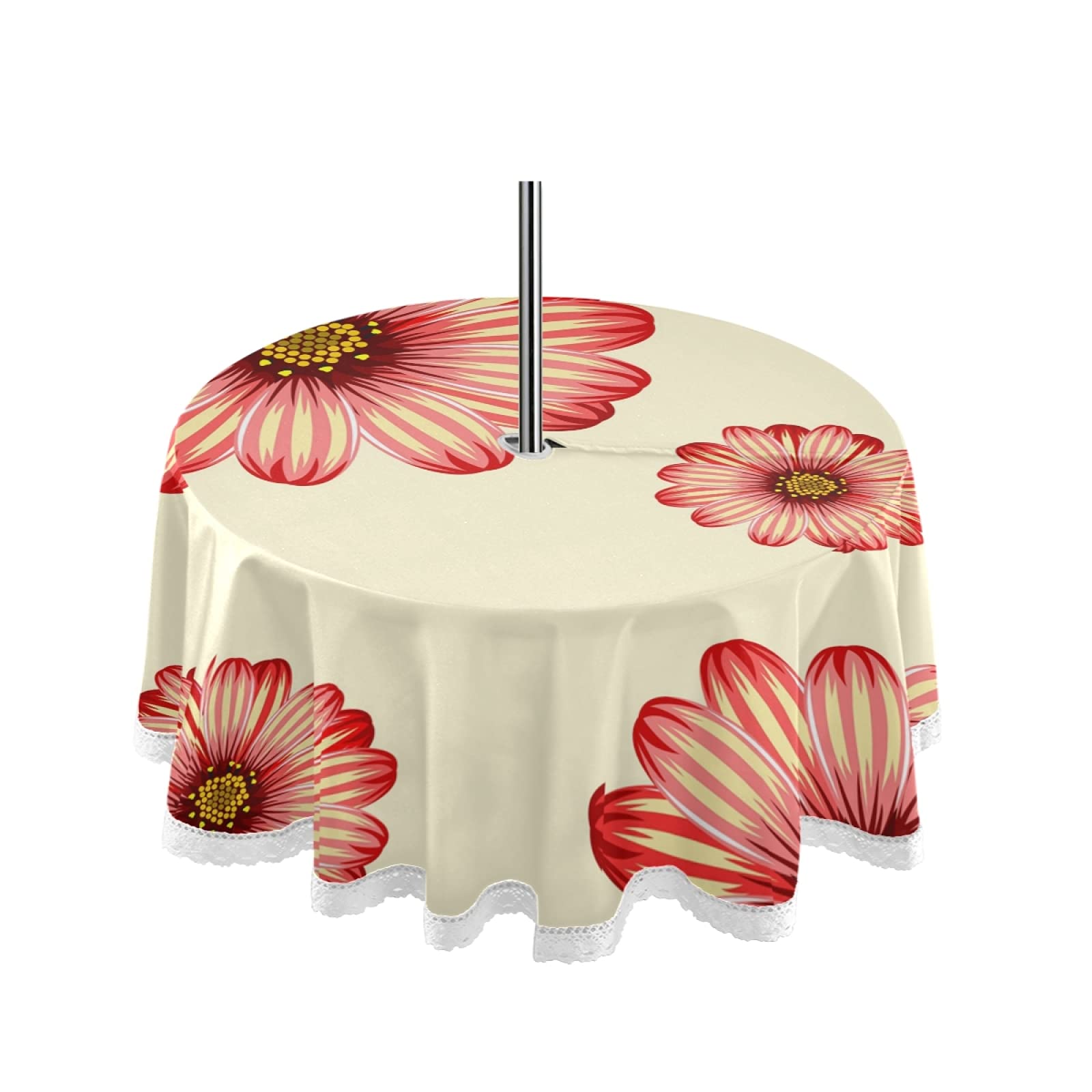 Beige Daisy Floral Outdoor Tablecloth with Umbrella Hole & Zipper - Waterproof Picnic Table Cover for Spring Summer - Machine Washable for Backyard Parties, Patio Dining, Garden Decor