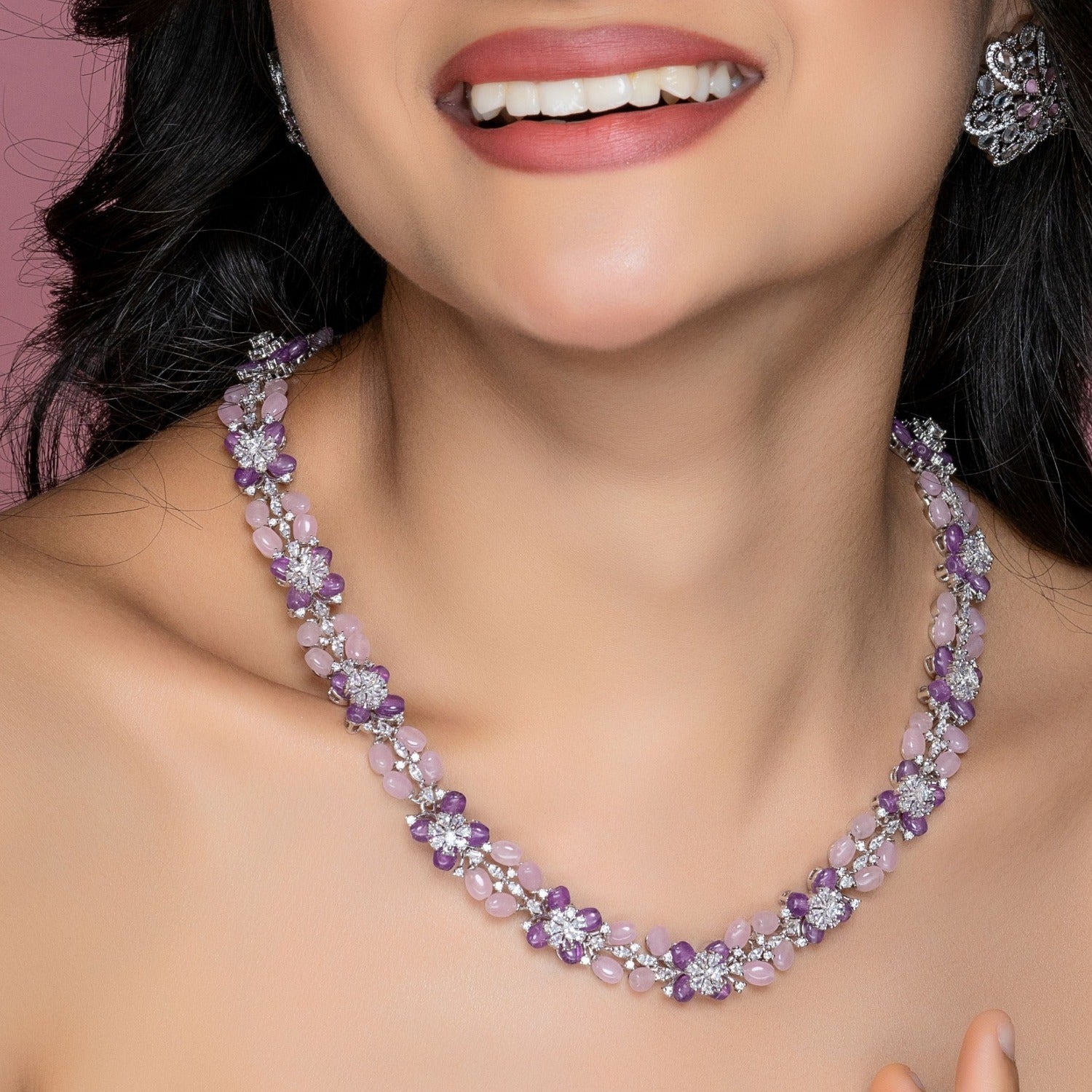 Floral Meadow CZ Pink and Lavender Beaded Long Necklace for Women - Elegant Bohemian Jewelry for Weddings, Parties & Special Occasions