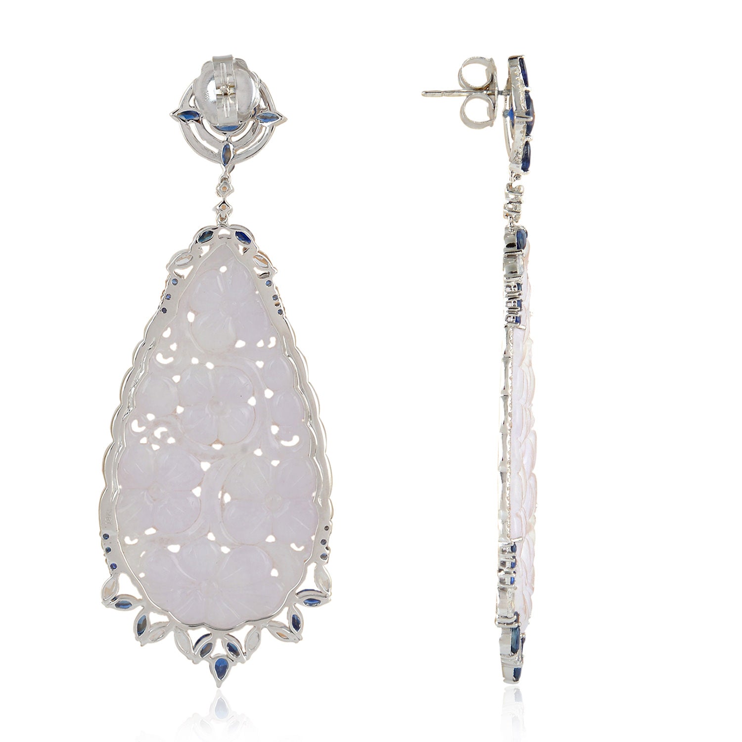 18K White Gold Hand-Carved Jade & Blue Sapphire Pave Diamond Dangle Earrings for Women – Perfect for Weddings, Parties & Special Occasions