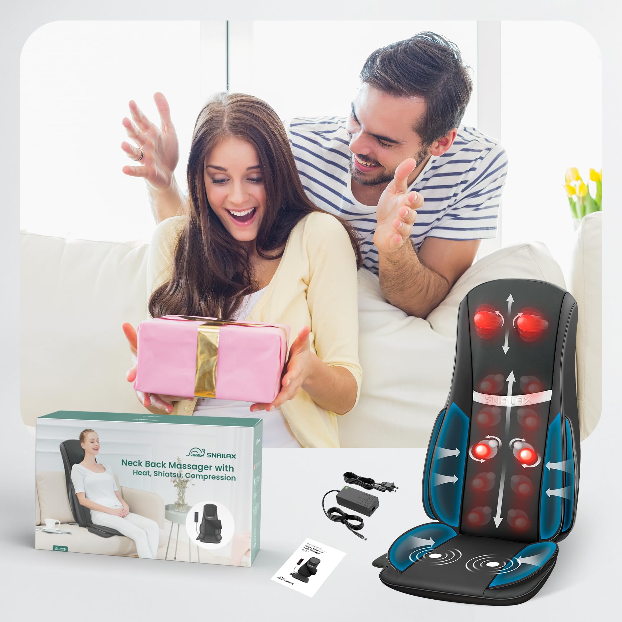 Snailax Shiatsu Neck & Back Massager with Heat - Full Body Massage Chair Pad with Compression for Neck, Shoulder & Back Pain Relief - Perfect Gift for Men & Women - Use at Home, Office or Car for Relaxation & Stress Relief