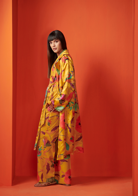 Luxury Long Coat Women's Silk Damask Mustard Yellow Outerwear - Elegant Fall & Winter Fashion for Parties, Weddings & Formal Events