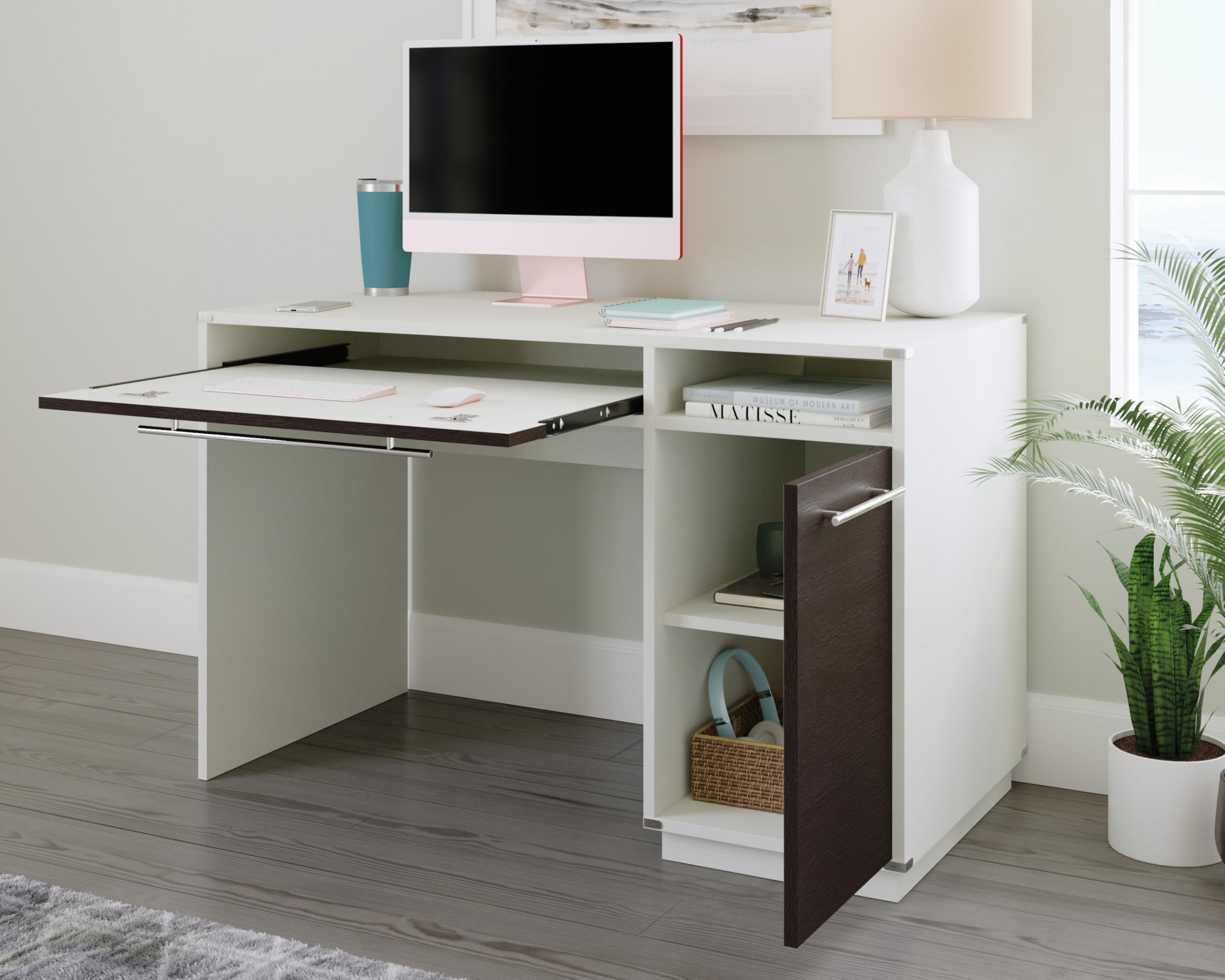 Sauder Vista Key Single Pedestal Computer Desk with Storage | Misted Elm Finish | Home Office Desk for Small Spaces, Work from Home & Study