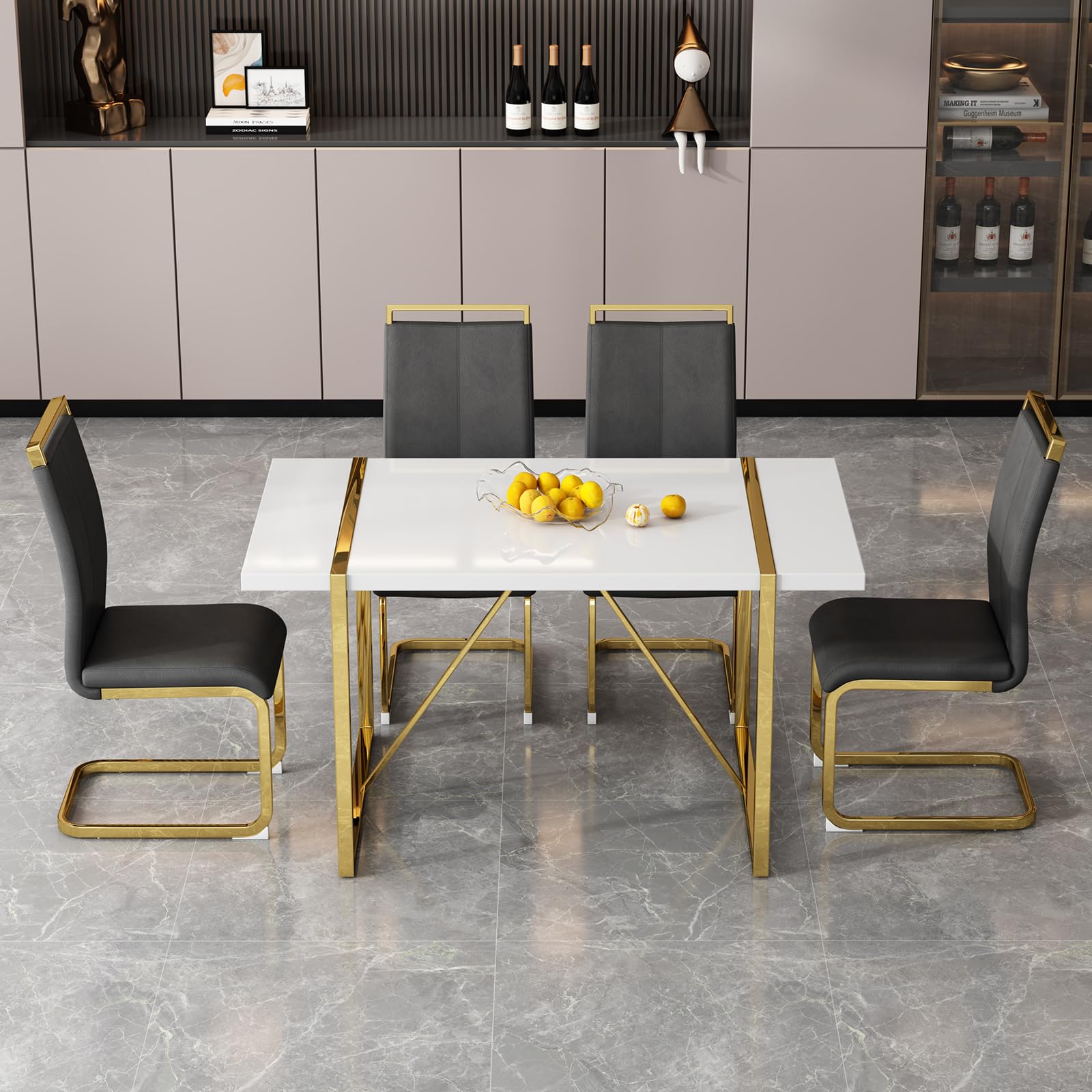Modern 5-Piece White MDF Dining Table Set with Black Faux Leather Chairs & Metal Frame - Rectangular Kitchen Table for 4 - Perfect for Small Spaces, Apartments, and Contemporary Dining Rooms