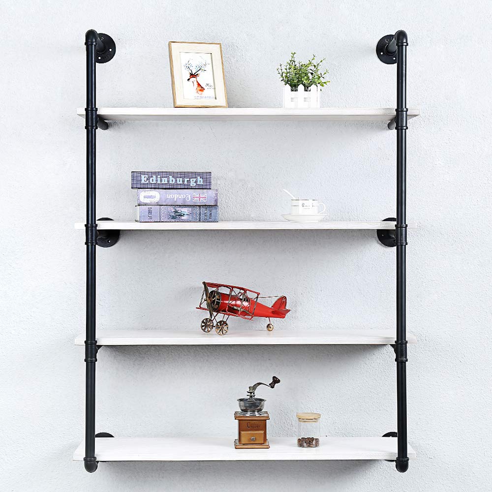 Industrial Pipe Shelving Wall Mounted - 36in Rustic Metal Floating Shelves with Real Wood - Steampunk Style Bookshelf for Farmhouse, Kitchen & Bar (4-Tier) - Perfect for Home Office, Living Room & Bedroom Storage