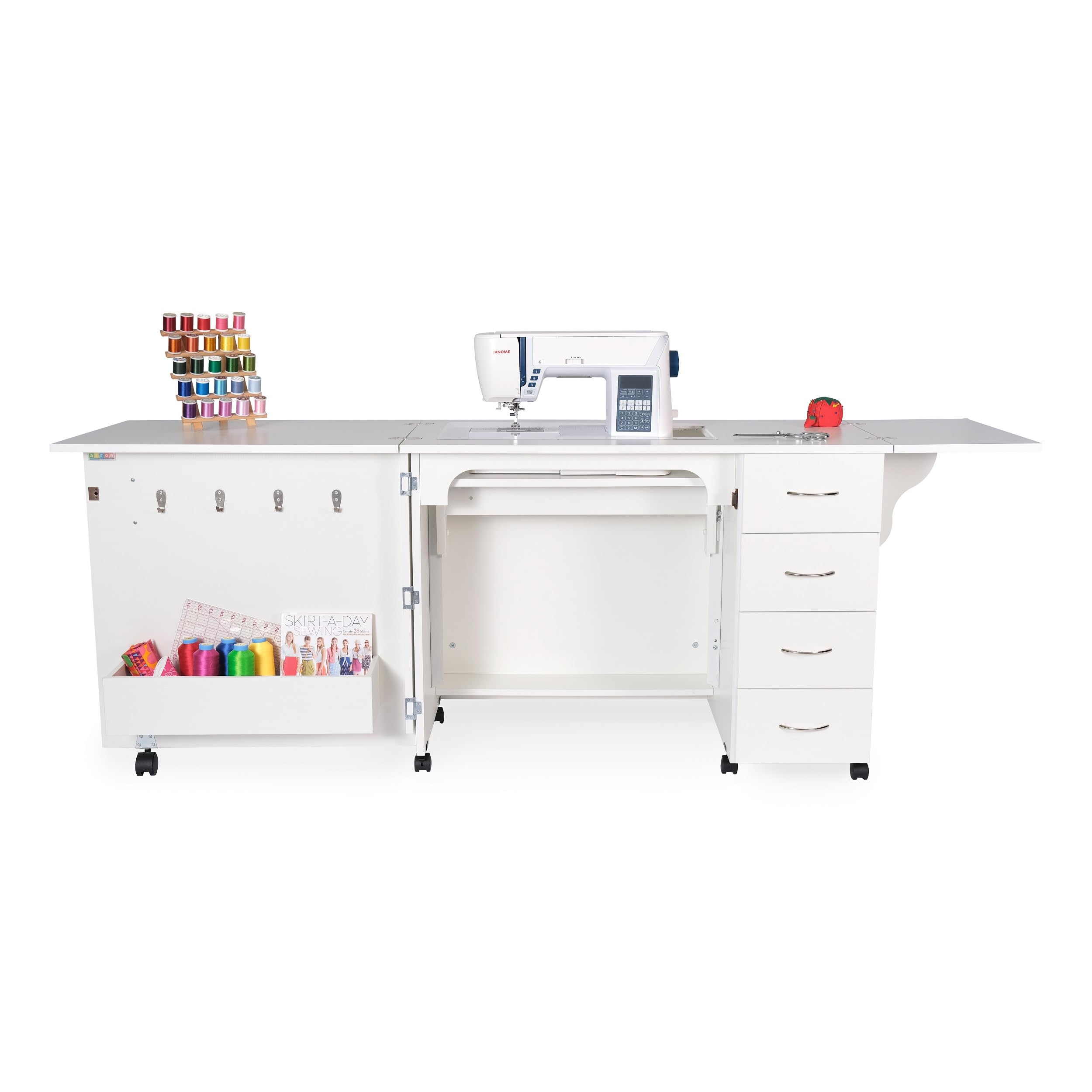 Arrow Classic Harriet Full-Size Sewing Cabinet with Hydraulic Lift, Storage Drawers & Expandable Leaves - Ash White - Perfect for Quilting, Dressmaking & Home Crafting Projects