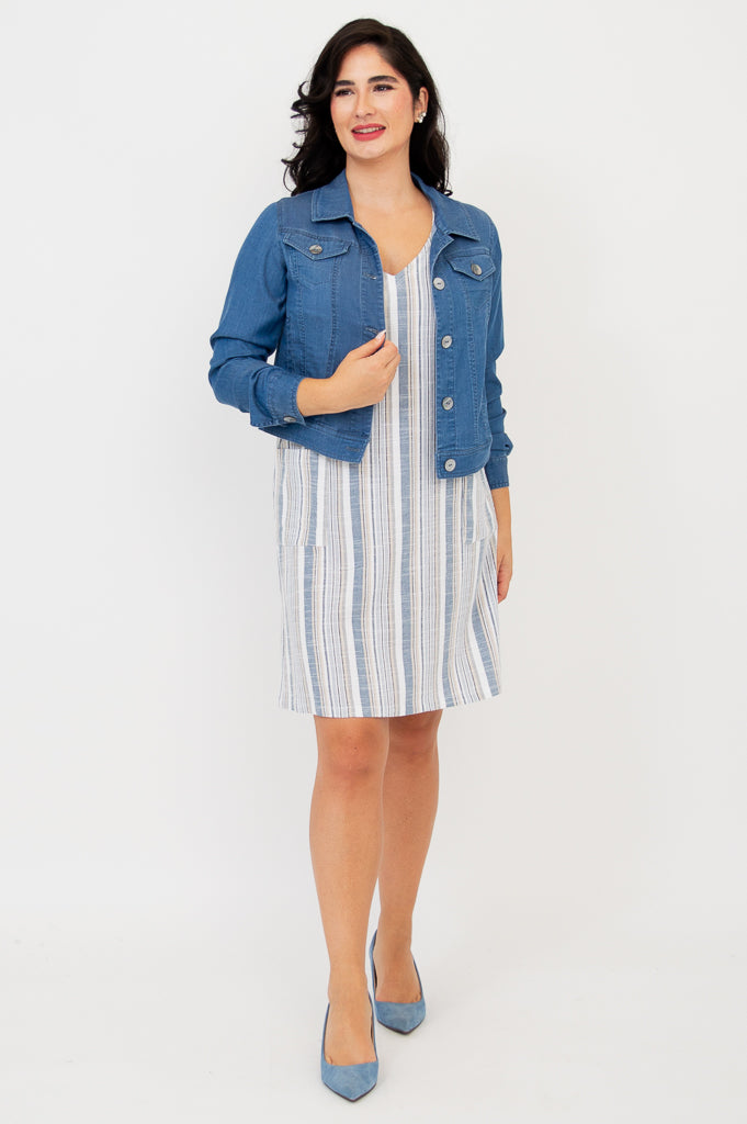 Felicia Dress - Sand Stripe Linen Bamboo Blend Summer Dress for Women | Beach Vacation, Brunch & Casual Outfit