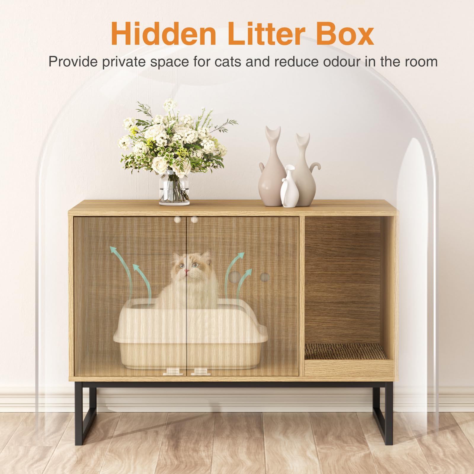 Modern Cat Litter Box Enclosure Furniture - Hidden Fluted Design with Scratch Pad & Sturdy Metal Legs, 31.5
