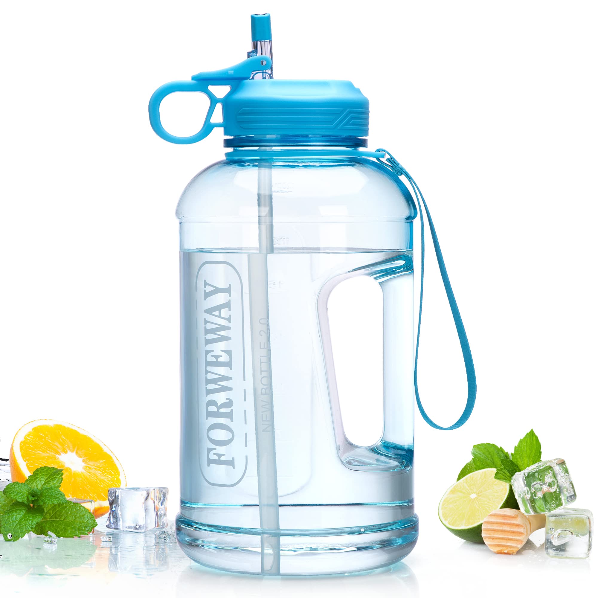 **2.2L (74oz) Large Leakproof Sports Water Bottle with Straw & Handle - BPA Free Half Gallon Jug for Camping, Hiking, Gym & Outdoor Activities (Blue)**
