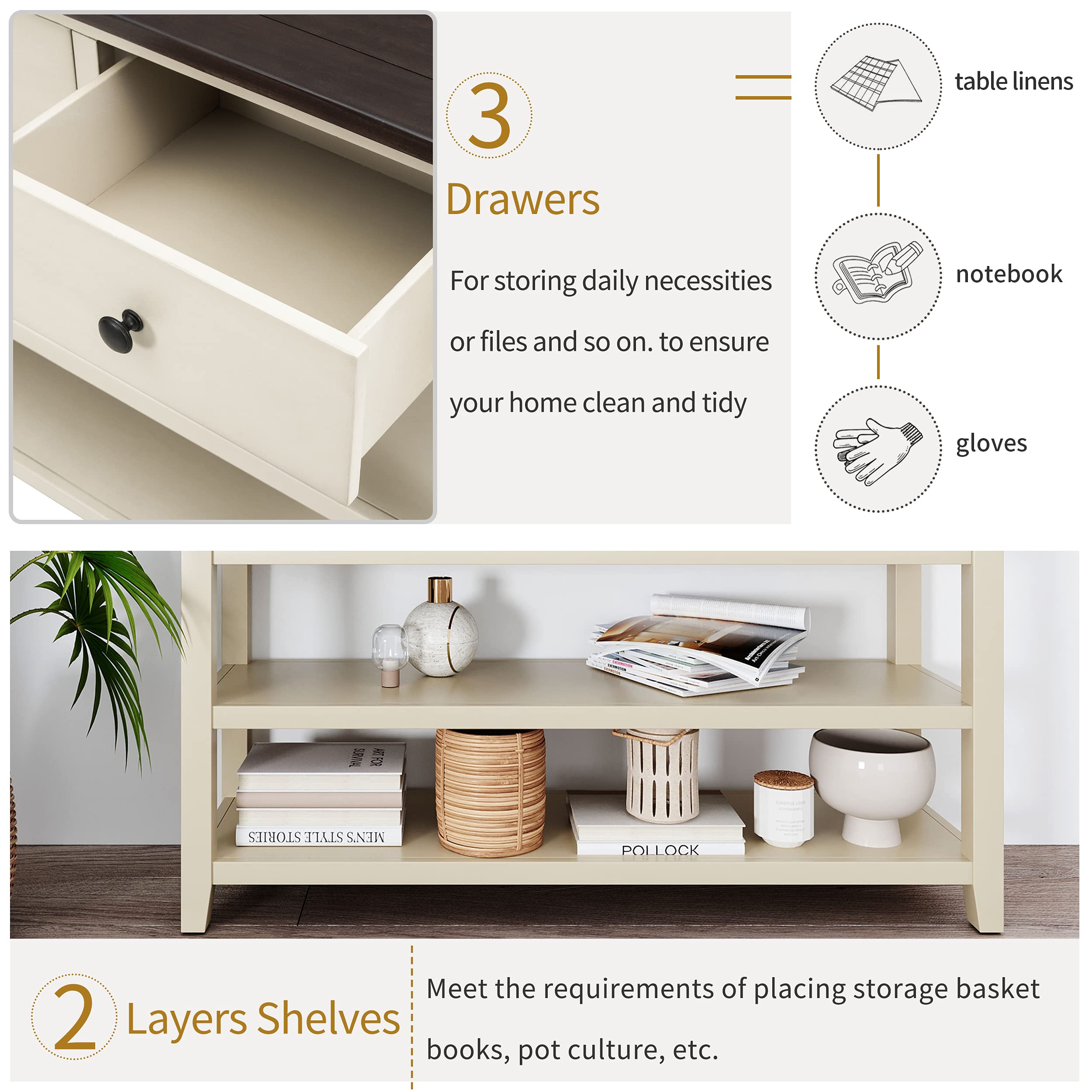 50 Inch Rustic Console Table with 3 Drawers & 2-Tier Open Shelf - Entryway Sofa Table for Living Room, Hallway - Beige Wooden Storage Solution for Home Decor