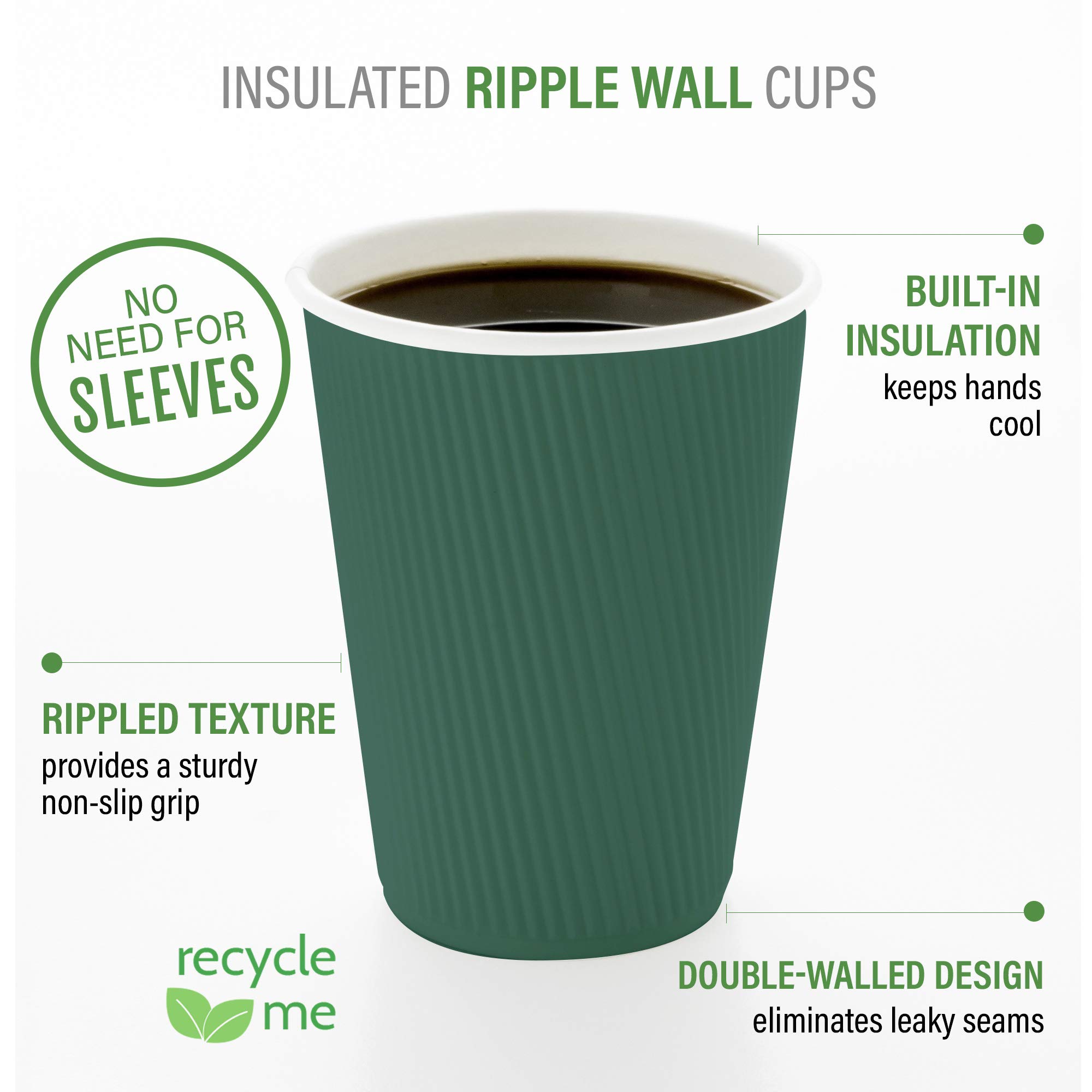 Restaurantware 4oz Ripple Insulated Coffee Cups - 500 Pack Double Wall Corrugated Paper Cups | Leakproof & Non-Slip Forest Green Recyclable Coffee Cups (Lids Sold Separately) | Perfect for Coffee Shops, Offices & Catering Events
