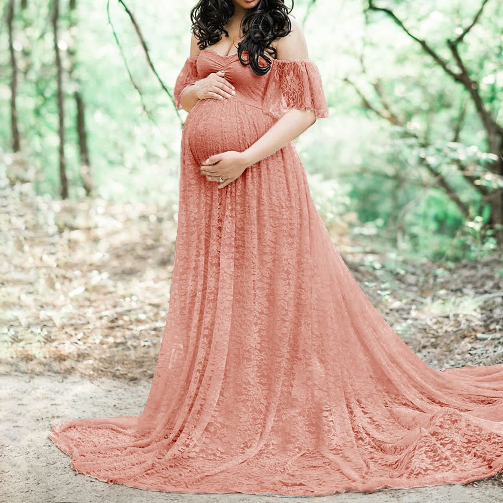 Elegant Floral Lace Maternity Photography Dress - Off Shoulder Pregnancy Gown for Photo Shoots, Baby Showers & Summer Maternity Photos