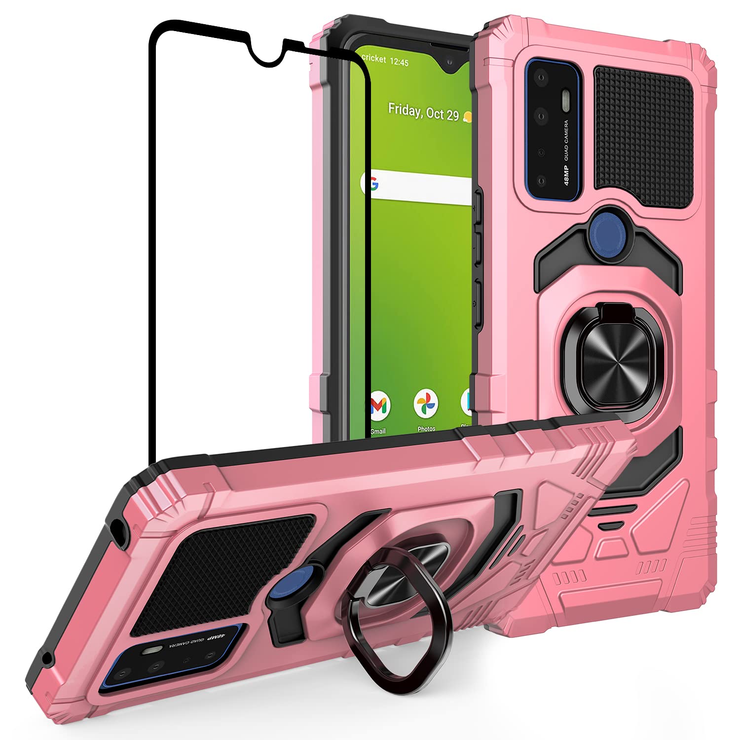AT&T Radiant Max 5G / Cricket Dream 5G / Cricket Innovate 5G / AT&T Fusion 5G Case with Tempered Glass Screen Protector - Full Coverage, Shockproof, Magnetic Car Mount, Ring Stand - Rose Gold Protective Cover for Work, Travel & Everyday Use