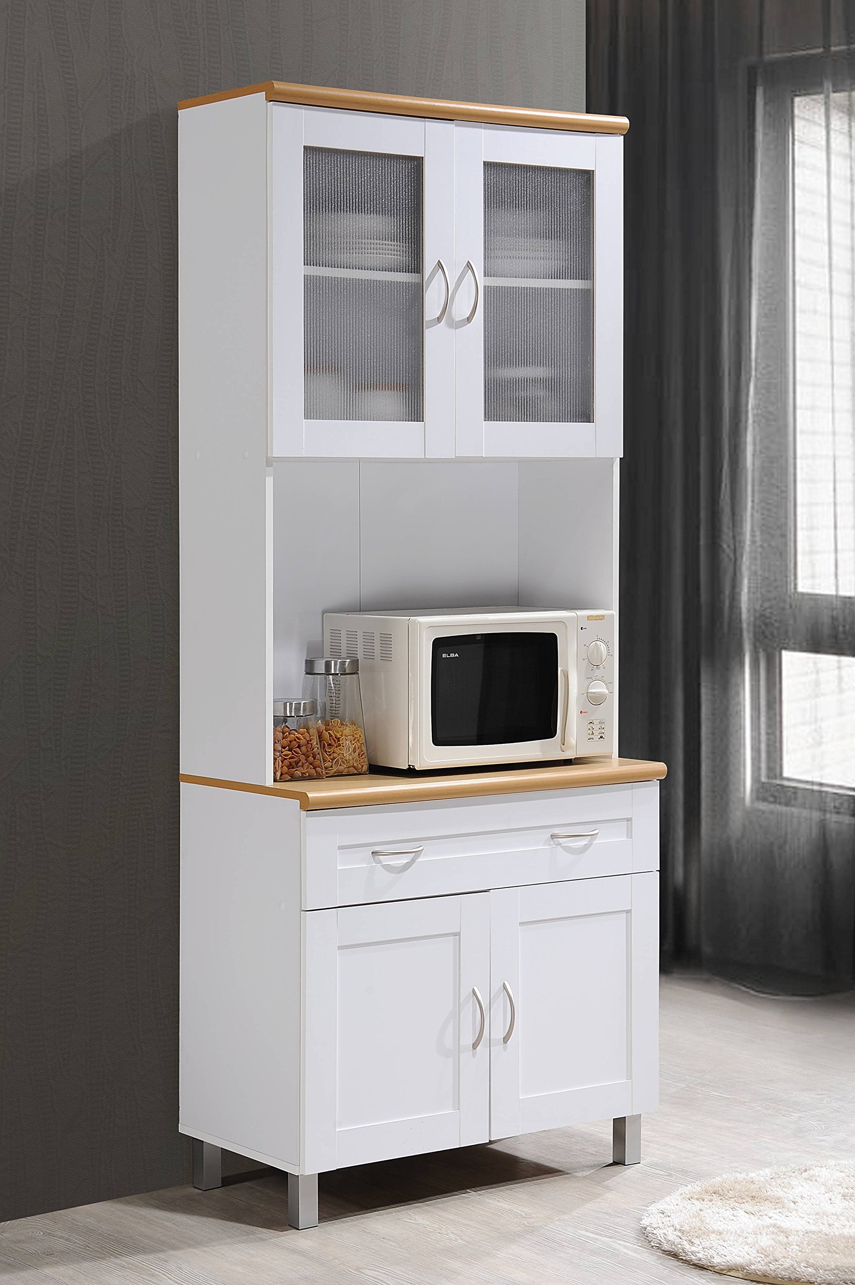 HODEDAH IMPORT White Tall Standing Kitchen Cabinet with Enclosed Top & Bottom Storage, 1 Drawer & Large Open Space for Microwave - Perfect for Small Kitchens, Apartments & Microwave Organization