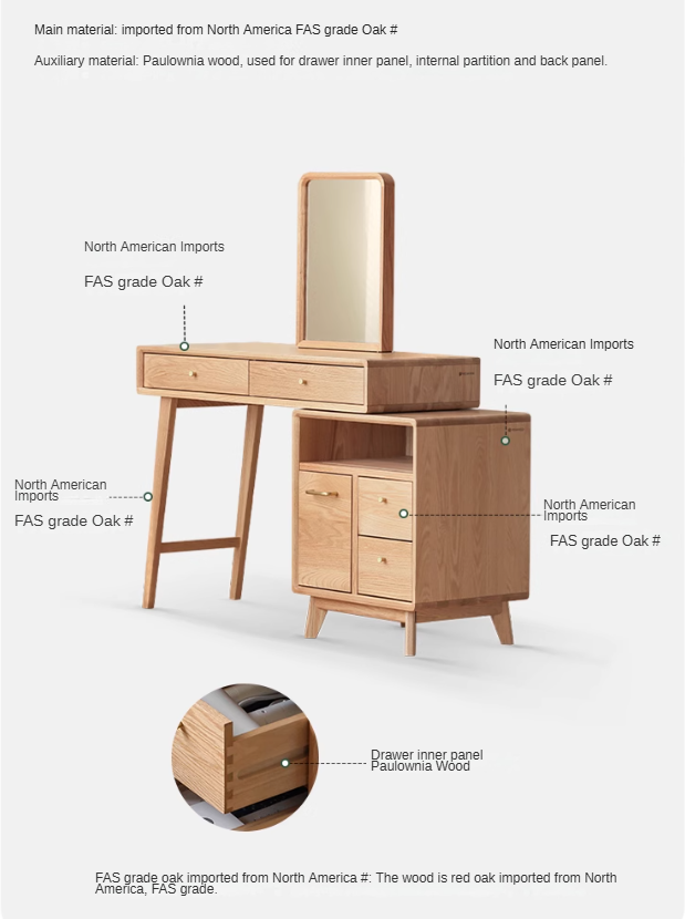 Solid Oak Wood Extendable Vanity Dressing Table with Mirror - Perfect for Bedroom Makeup & Jewelry Storage