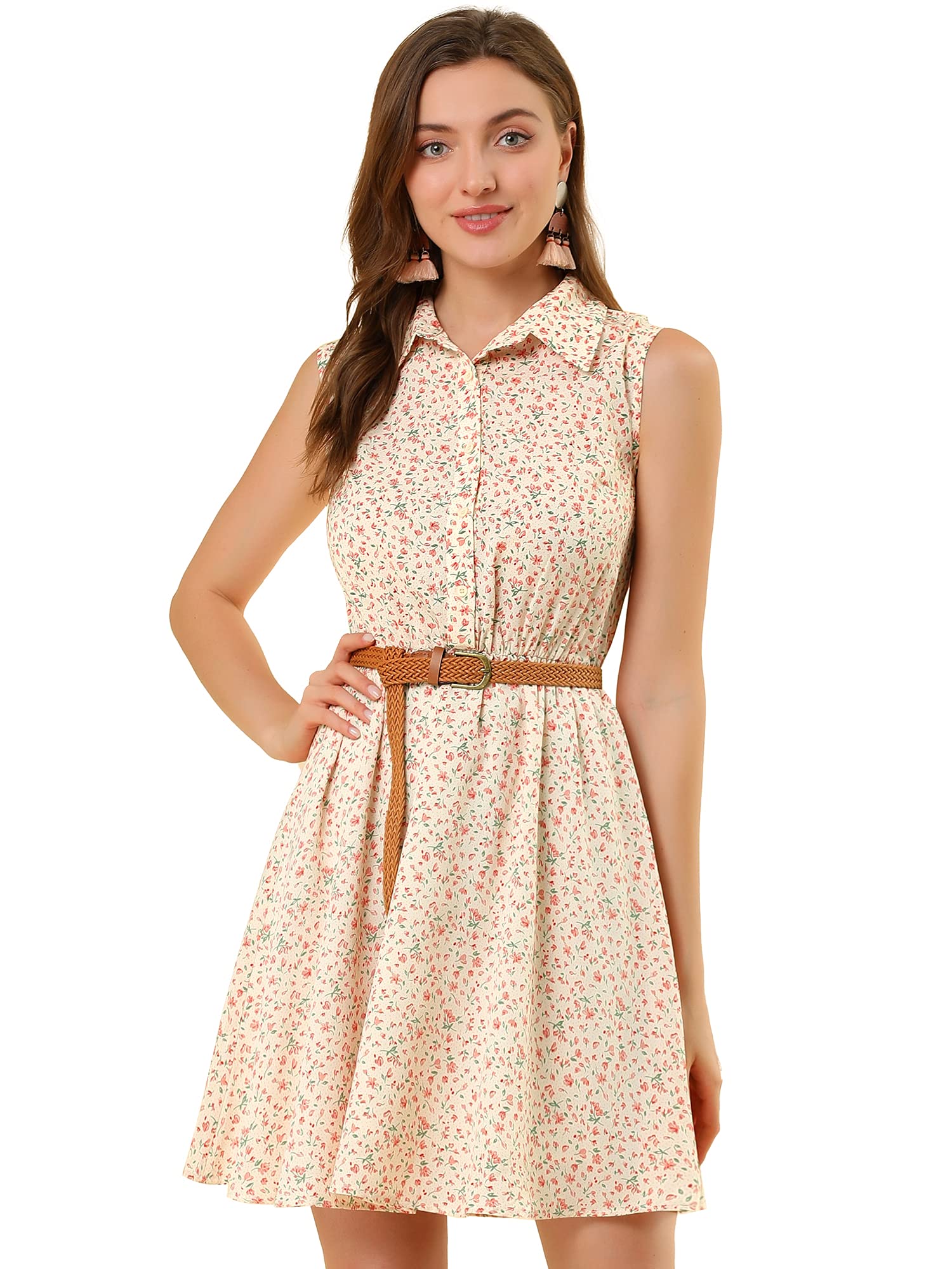 Allegra K Women's Floral Summer Dress - Sleeveless A-Line Above Knee Dress with Half Placket & Belt, Perfect for Beach Vacations, Garden Parties & Casual Outings