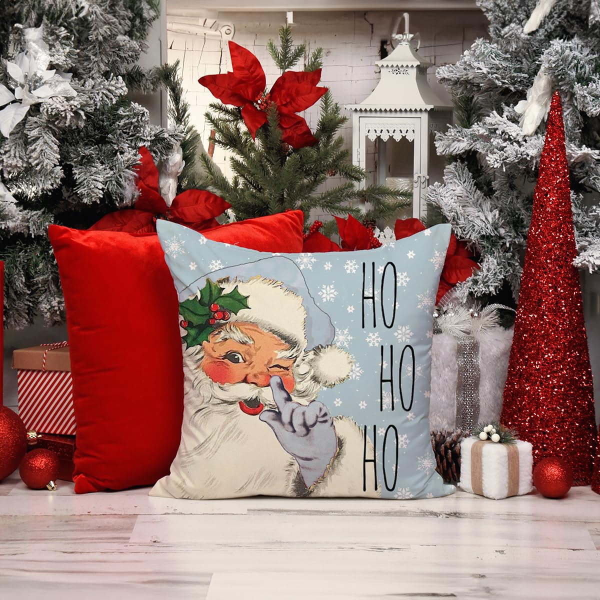 Christmas Pillow Covers Set of 4 - 16x16 Inch Holiday Decor with Snowflake, Santa, Snowman & Deer Designs - Blue Winter Throw Pillow Cases for Couch, Bed & Home Decor - Perfect for Xmas, Winter & Holiday Season