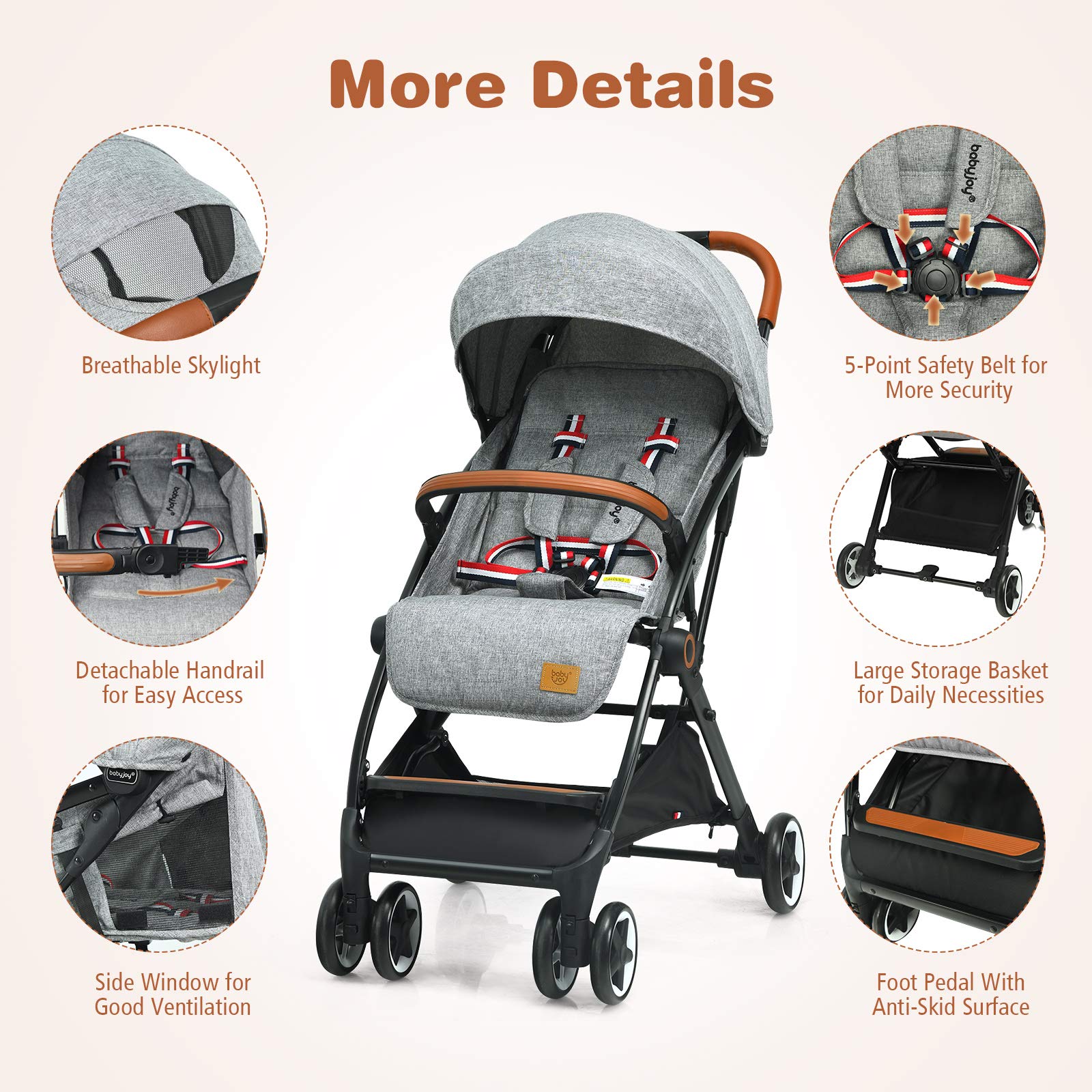 BABY JOY Lightweight Compact Baby Stroller for Travel - Airplane Approved Infant Stroller with 5-Point Safety Harness, Adjustable Backrest & Canopy, Storage Basket | Easy One-Hand Fold Gray Stroller for Newborns & Toddlers | Perfect for Air Travel, Shopping & Daily Walks