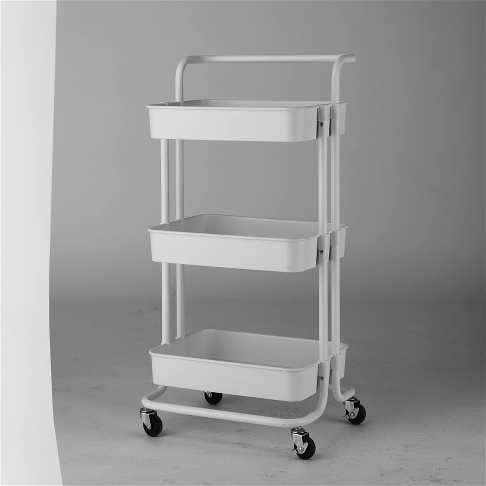 VERYKE 3-Tier Rolling Metal Storage Cart with Plastic Baskets - Kitchen Organizer with Wheels & Handle for Bedroom, Living Room, Bathroom - Perfect for Makeup, Spice Storage & Home Organization (White)