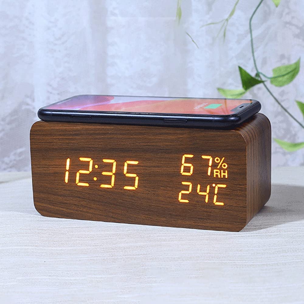 Digital Alarm Clock with Temperature & Humidity Display - Wireless Charger for Smartphones, LED Display, Brown - Perfect for Bedroom, Office, and Travel Use